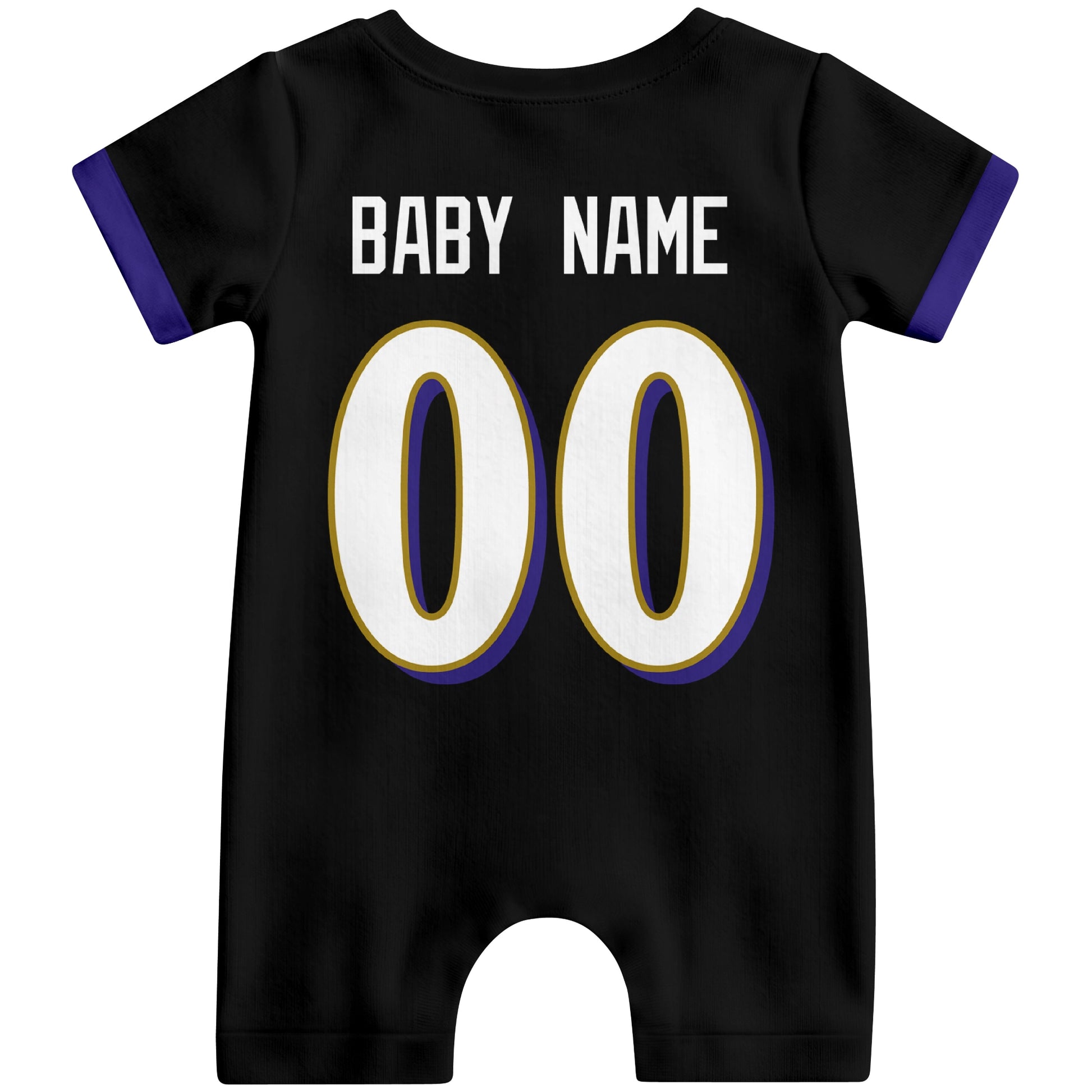 Back view of custom football-style baby onesie in Black personalized with name and number