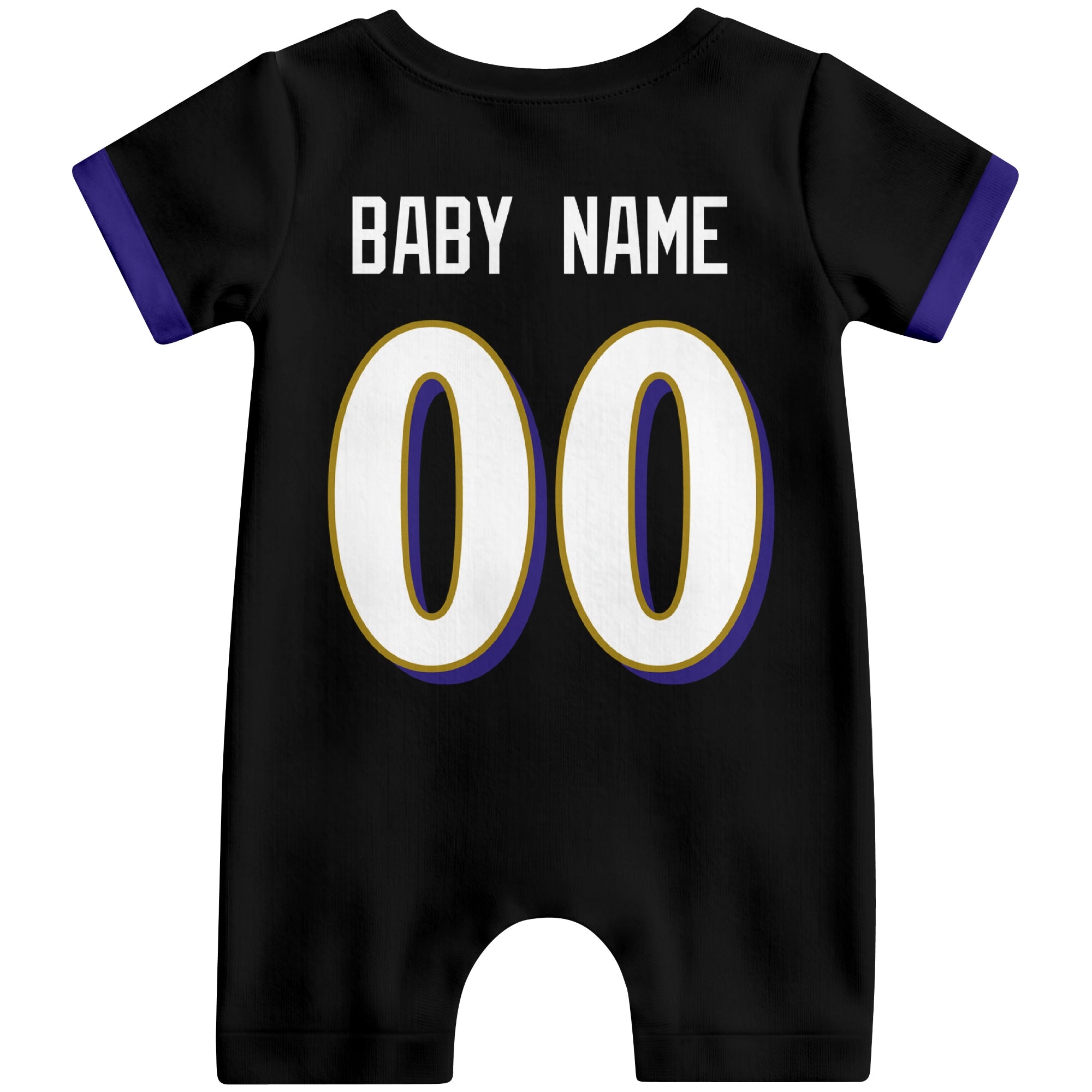 Back view of custom football-style baby onesie in Black personalized with name and number