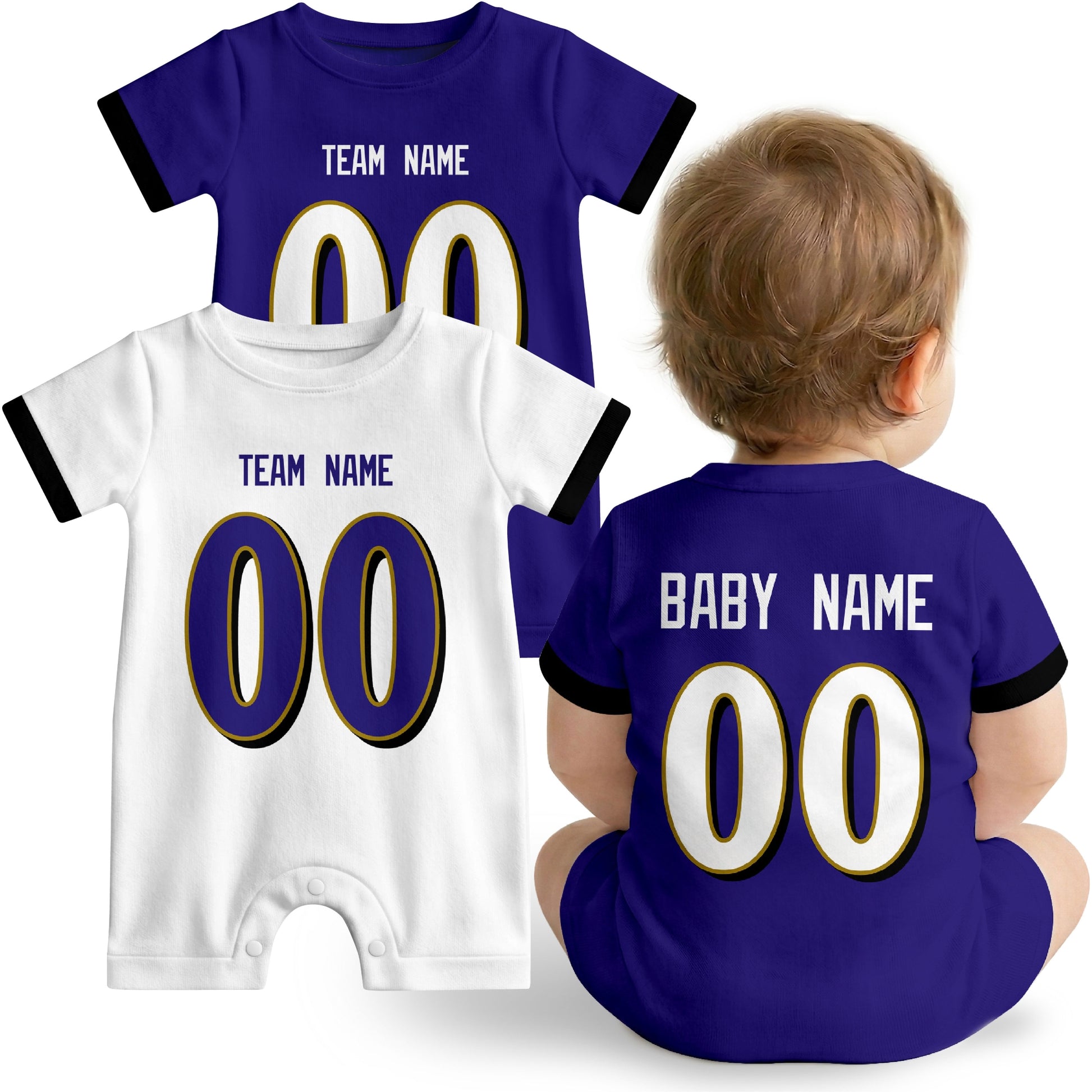 Baby wearing custom football-style onesie in Purple, White, and Black with personalized name and number