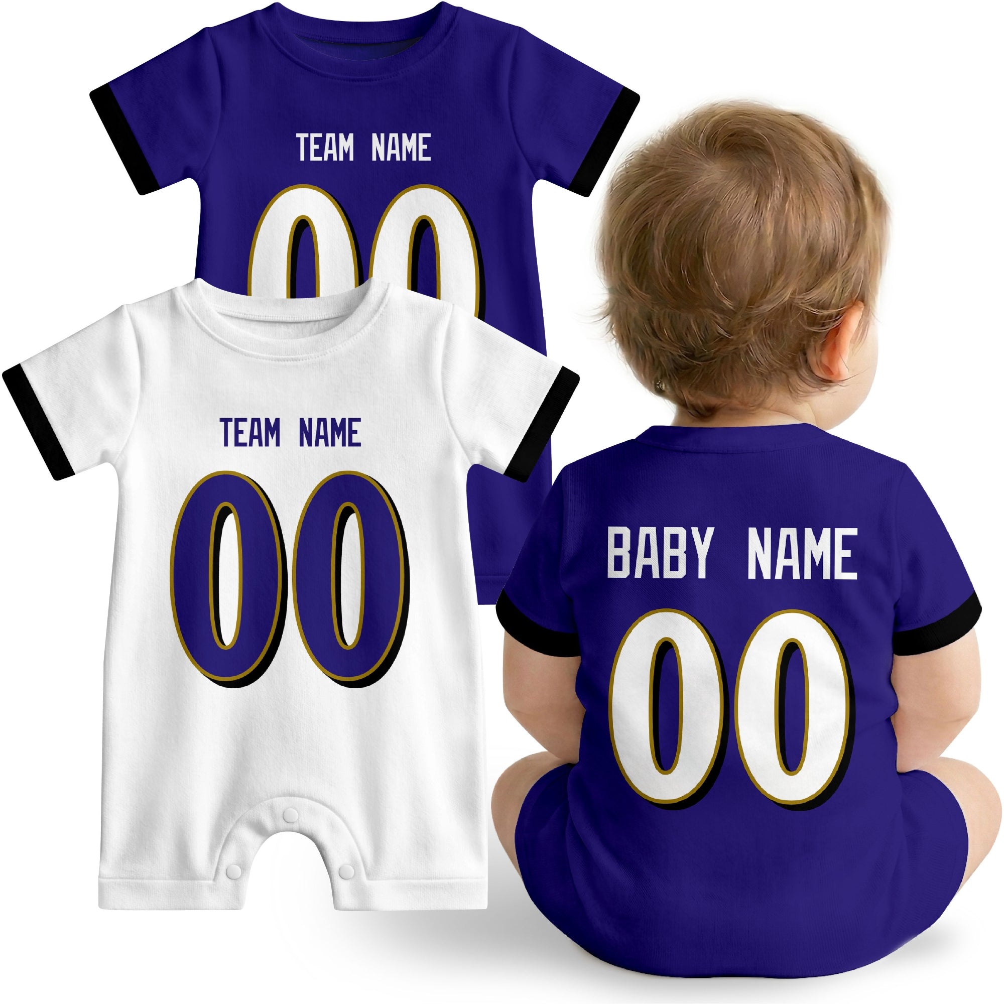 Baby wearing custom football-style onesie in Purple, White, and Black with personalized name and number