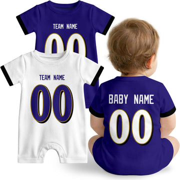 Baby wearing custom football-style onesie in Purple, White, and Black with personalized name and number