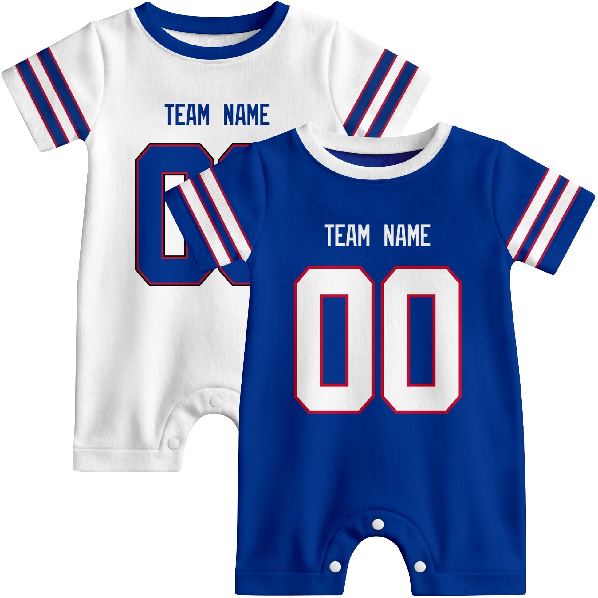 Custom football-style baby onesie color options in Royal and White