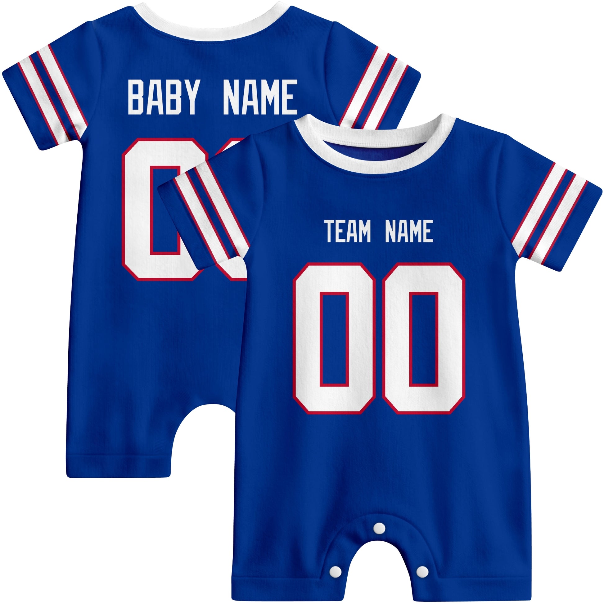 Front and back views of custom football-style baby onesie in Royal and White colors with personalized details