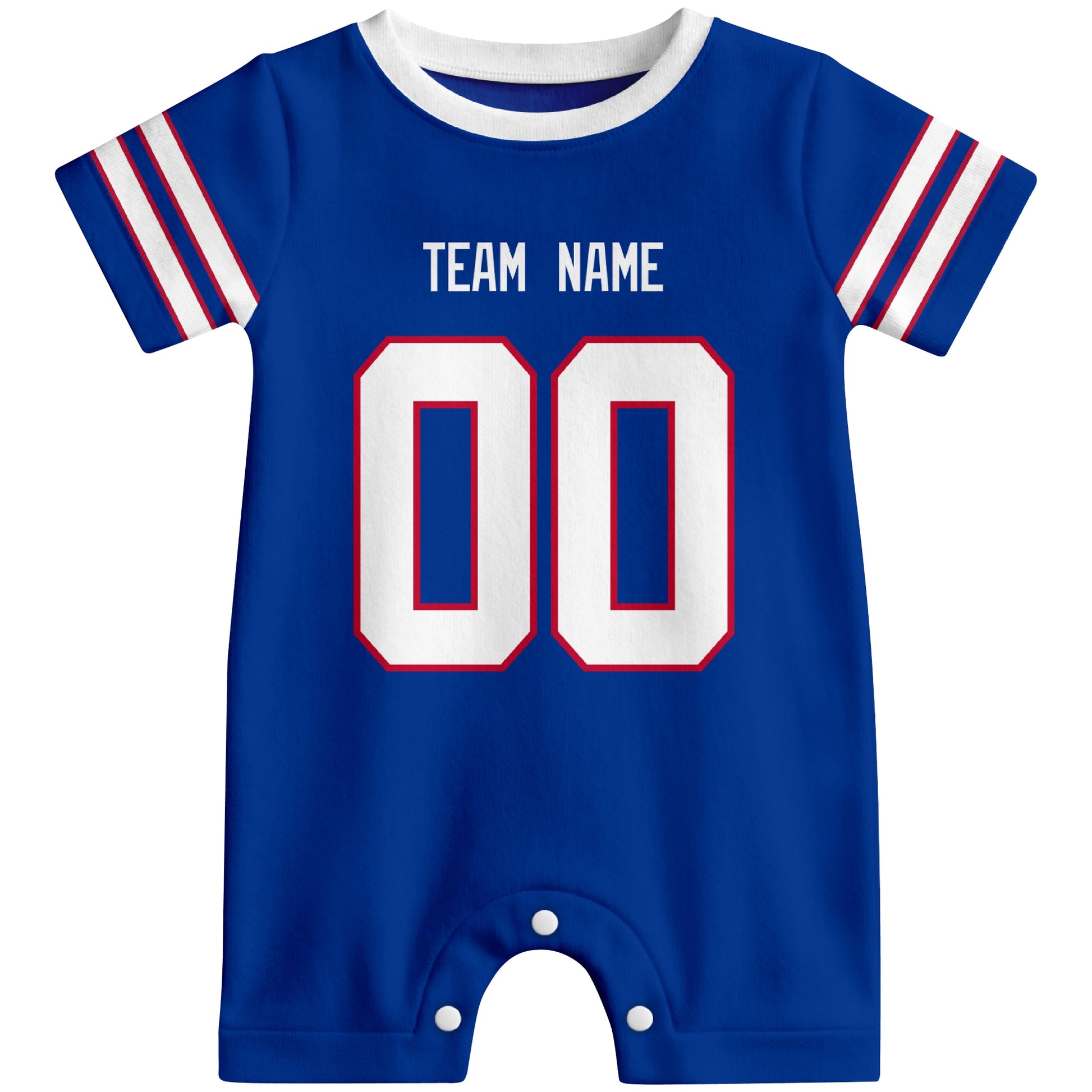 Front view of custom football-style baby onesie in Royal personalized with team name and number