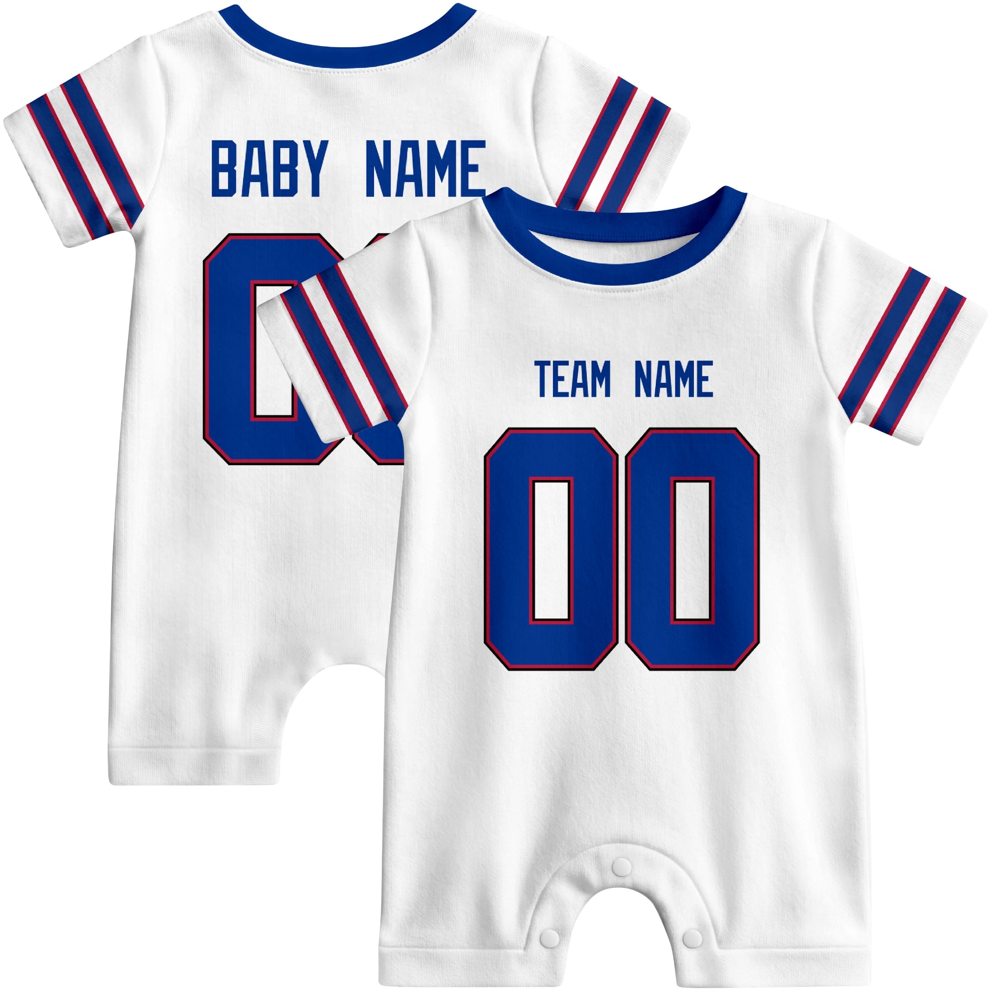 Front and back views of custom football-style baby onesie in White and Royal colors with personalized details