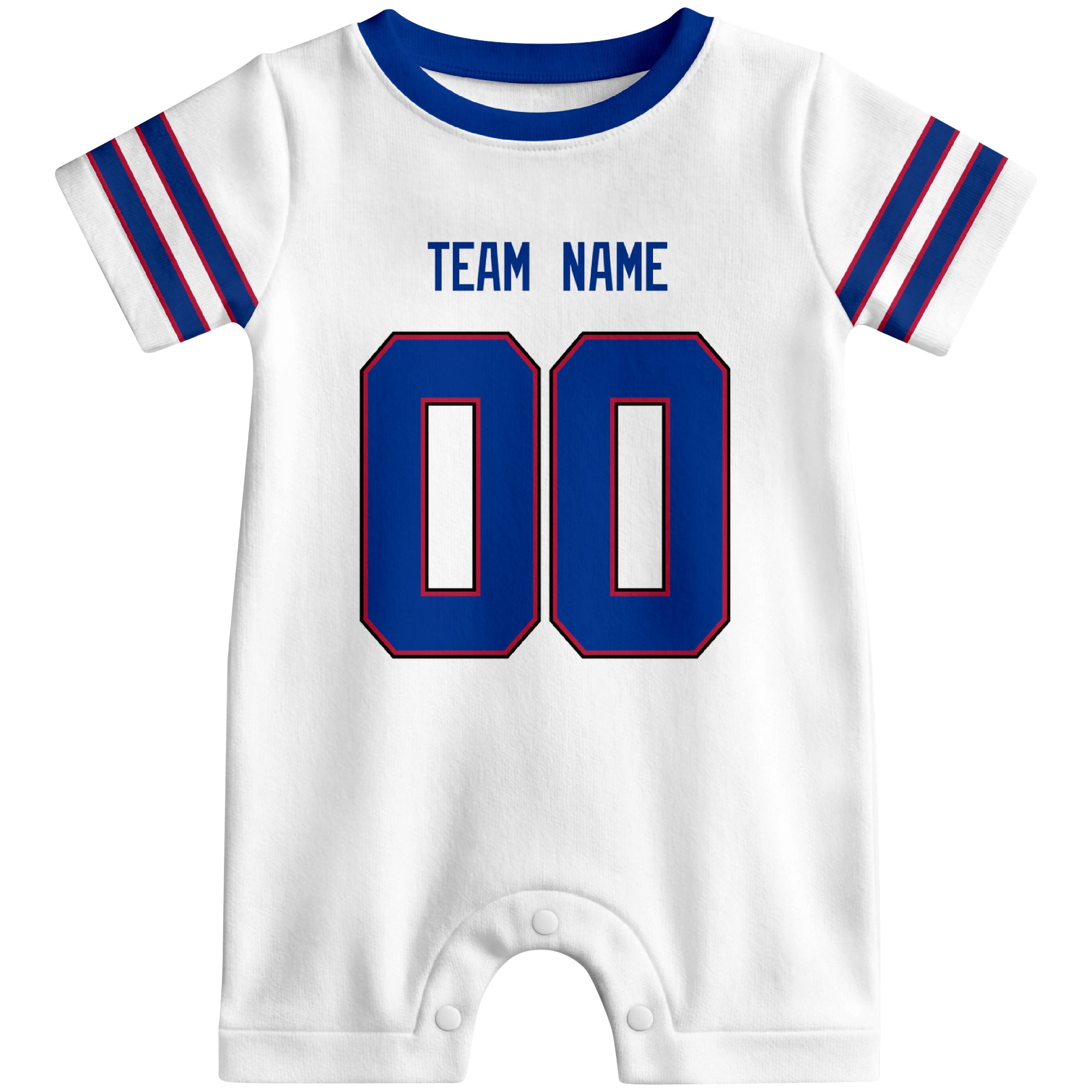 Front view of custom football-style baby onesie in White personalized with name and number