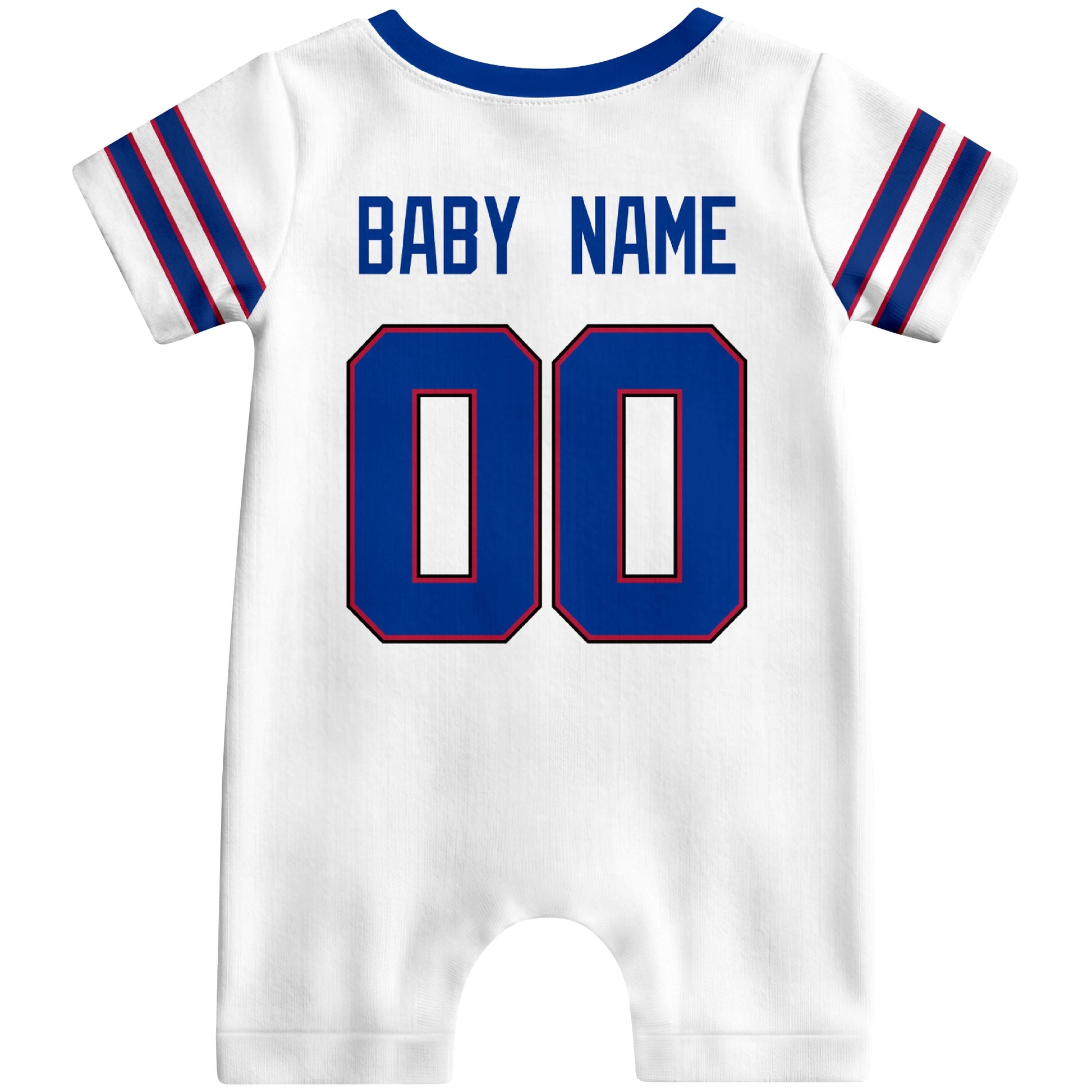 Back view of custom football-style baby onesie in White personalized with name and number
