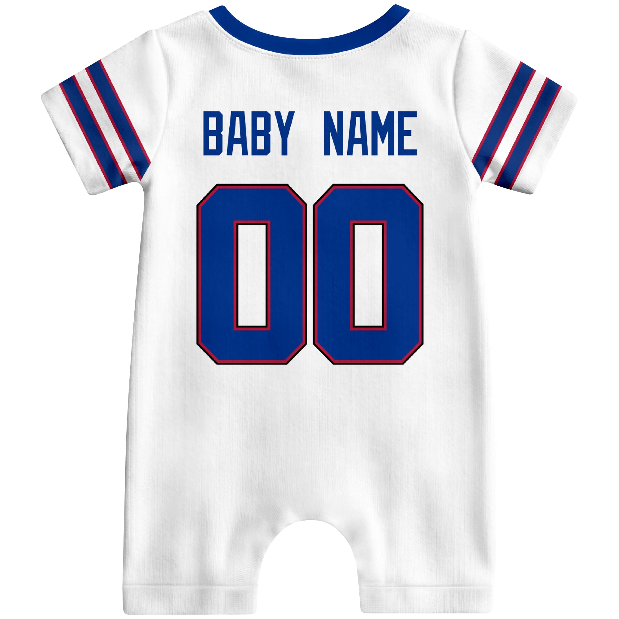 Back view of custom football-style baby onesie in White personalized with name and number
