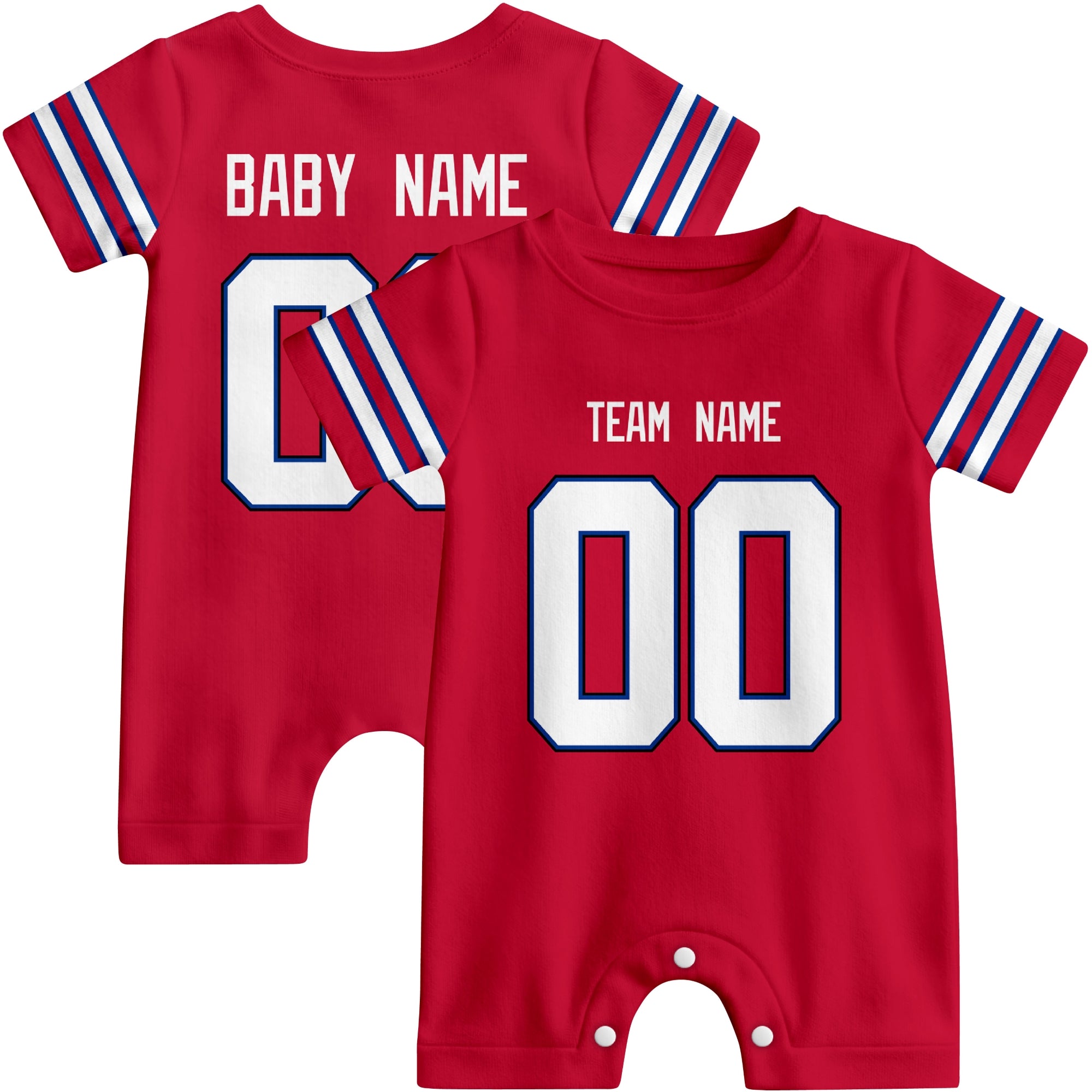 Front and back views of custom football-style baby onesie in Red and Royal colors with personalized details
