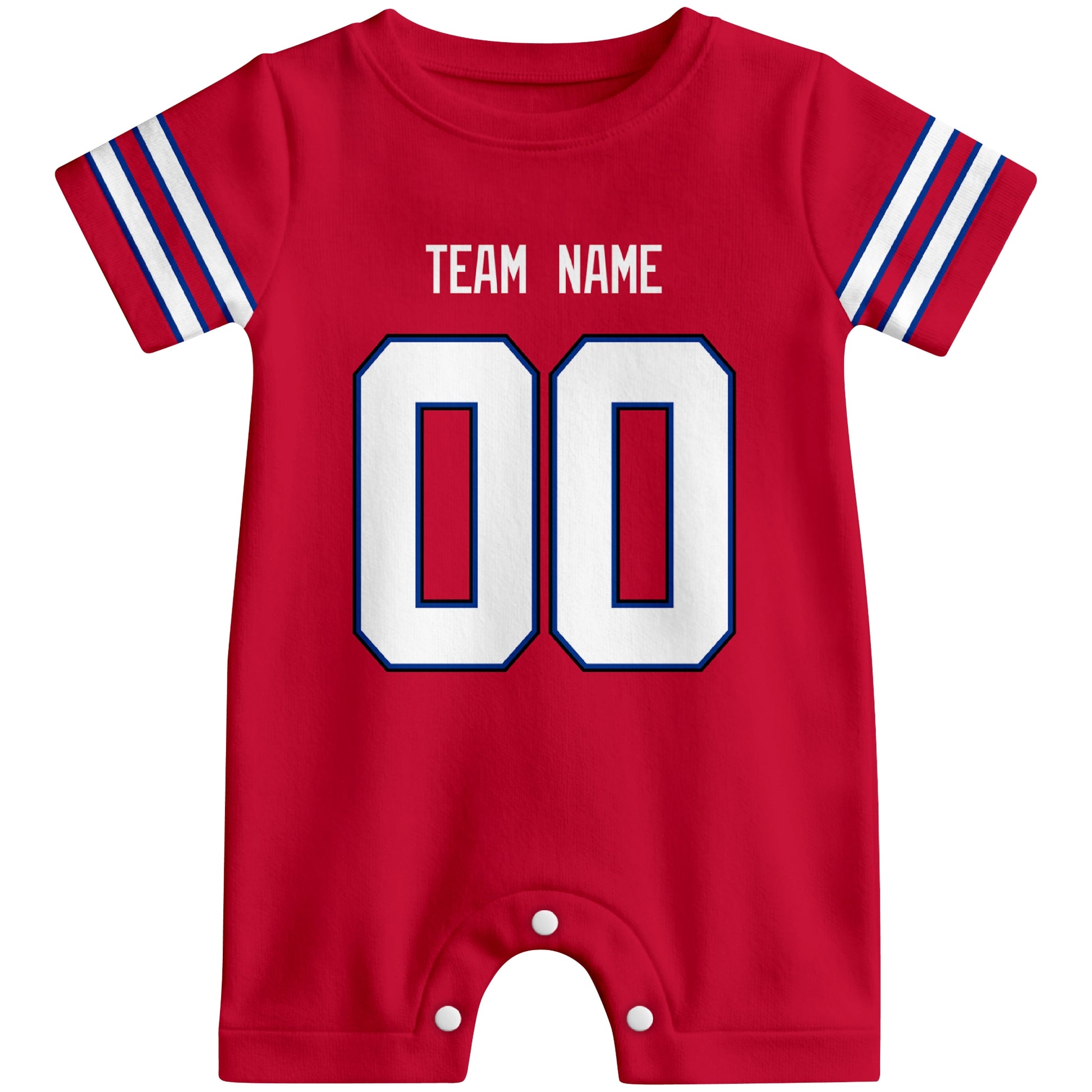 Front view of custom football-style baby onesie in Red personalized with name and number