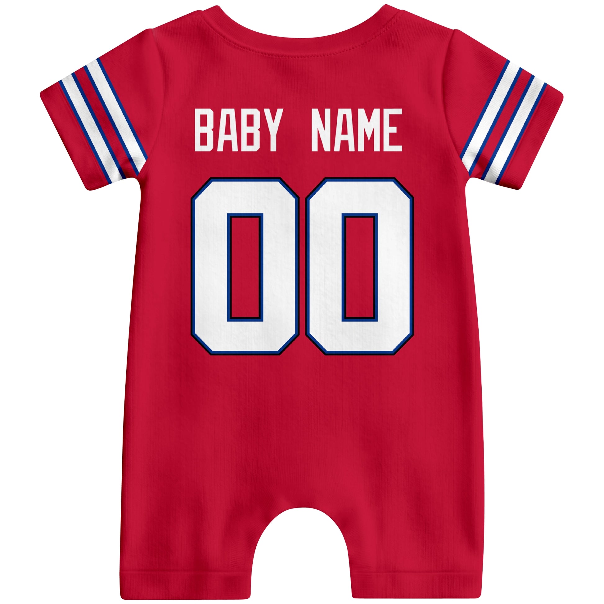 Back view of custom football-style baby onesie in Red personalized with name and number
