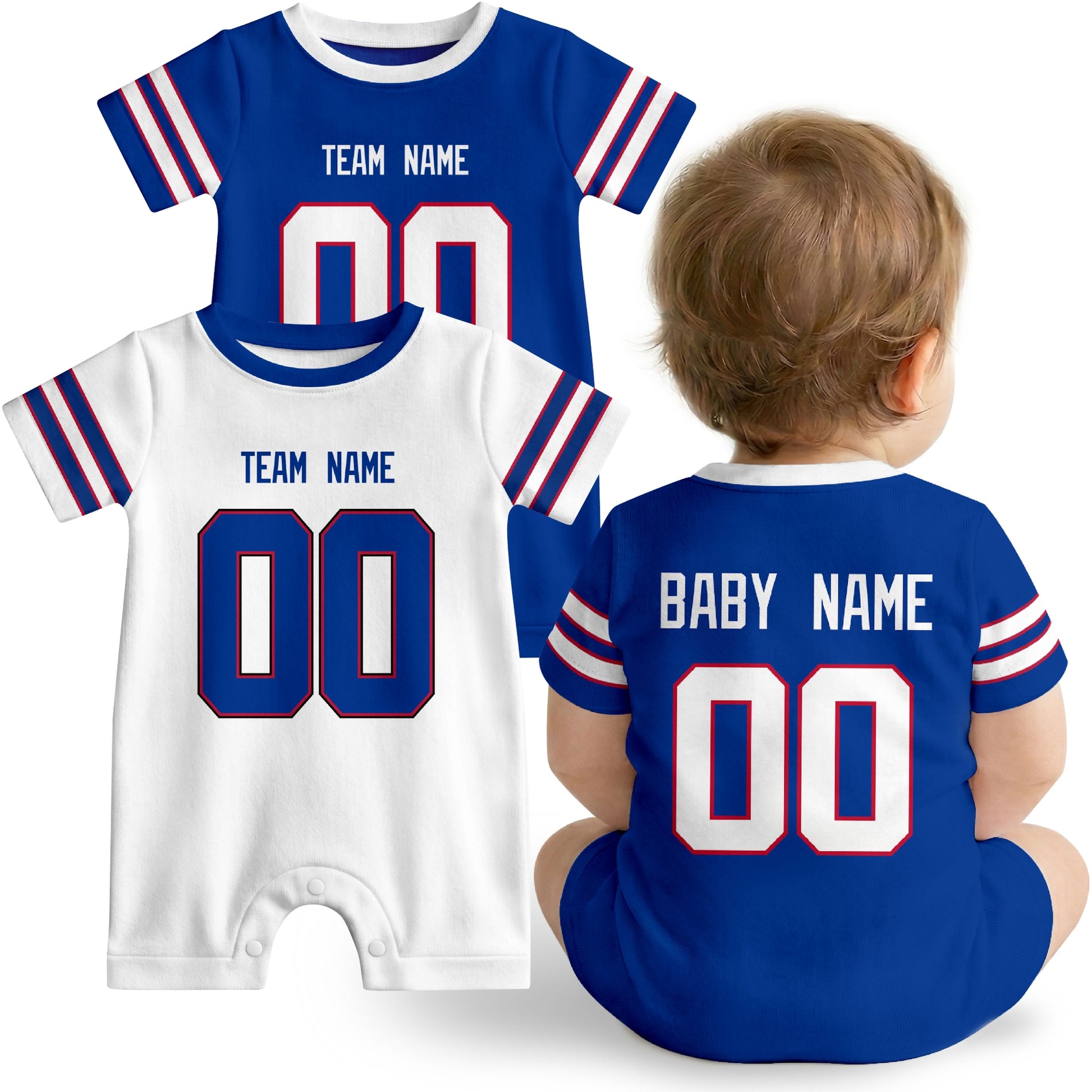 Baby wearing custom football-style onesie in Royal, White, and Red with personalized name and number