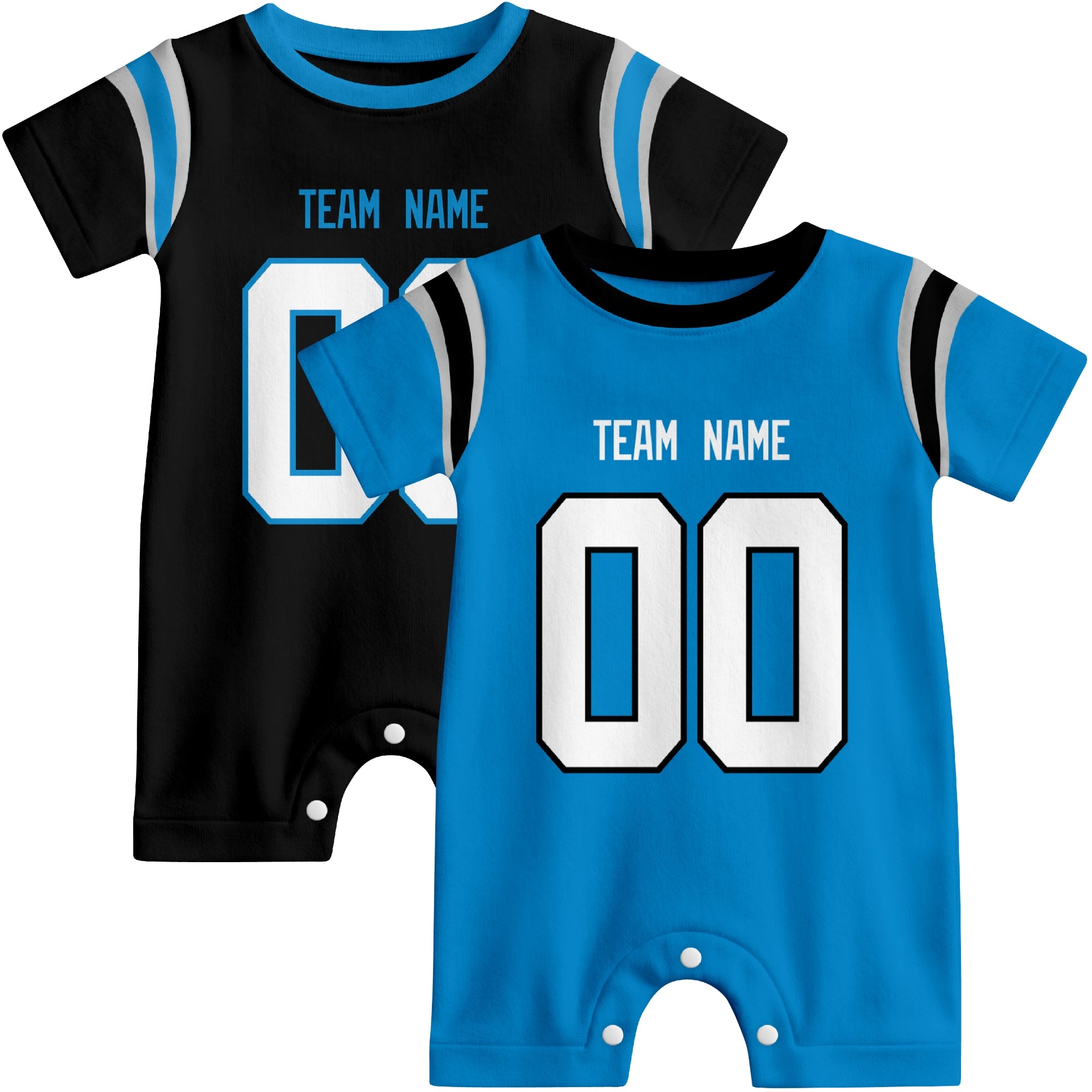 Custom football-style baby onesie color options in Blue and White
