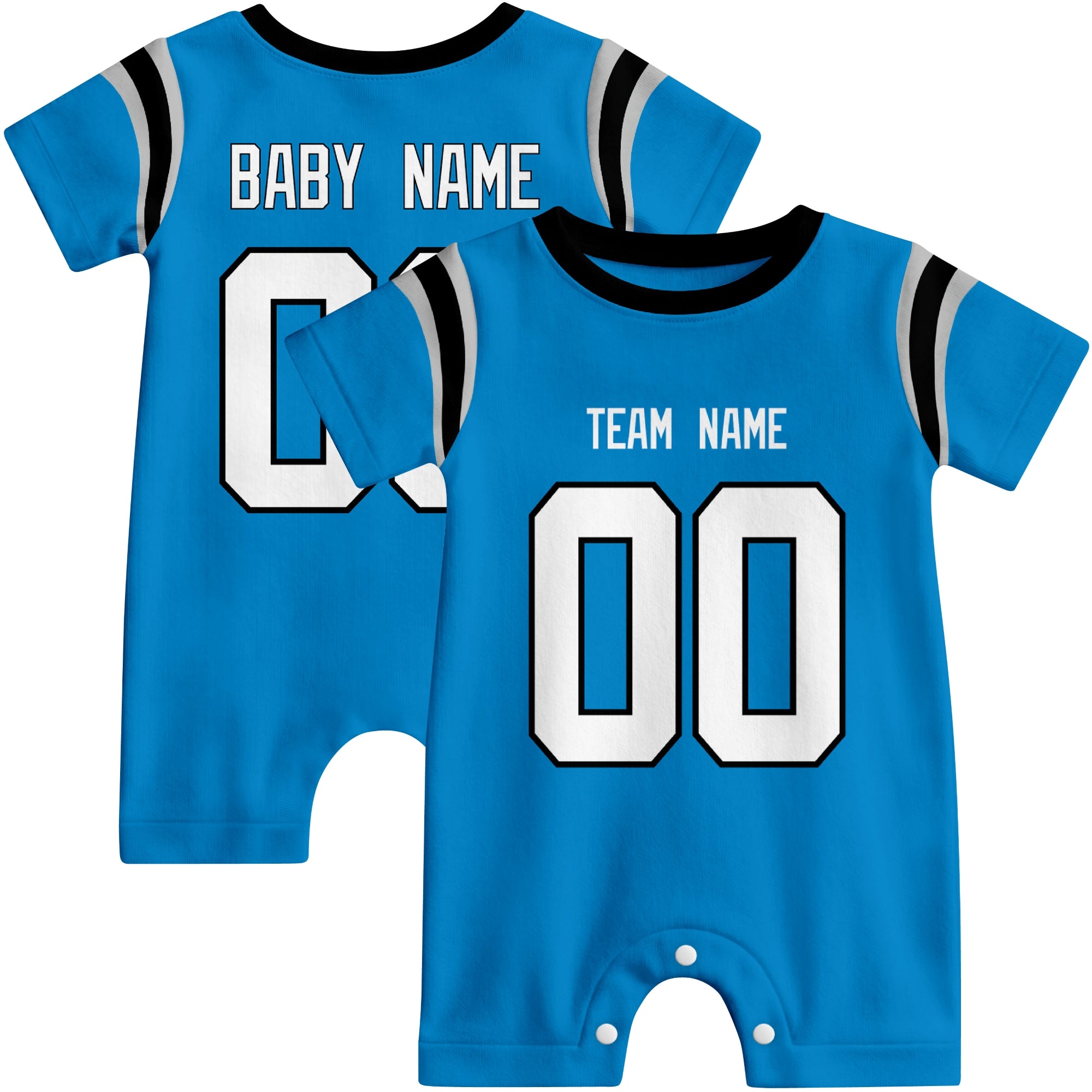 Front and back views of custom football-style baby onesie in Blue and White colors with personalized details