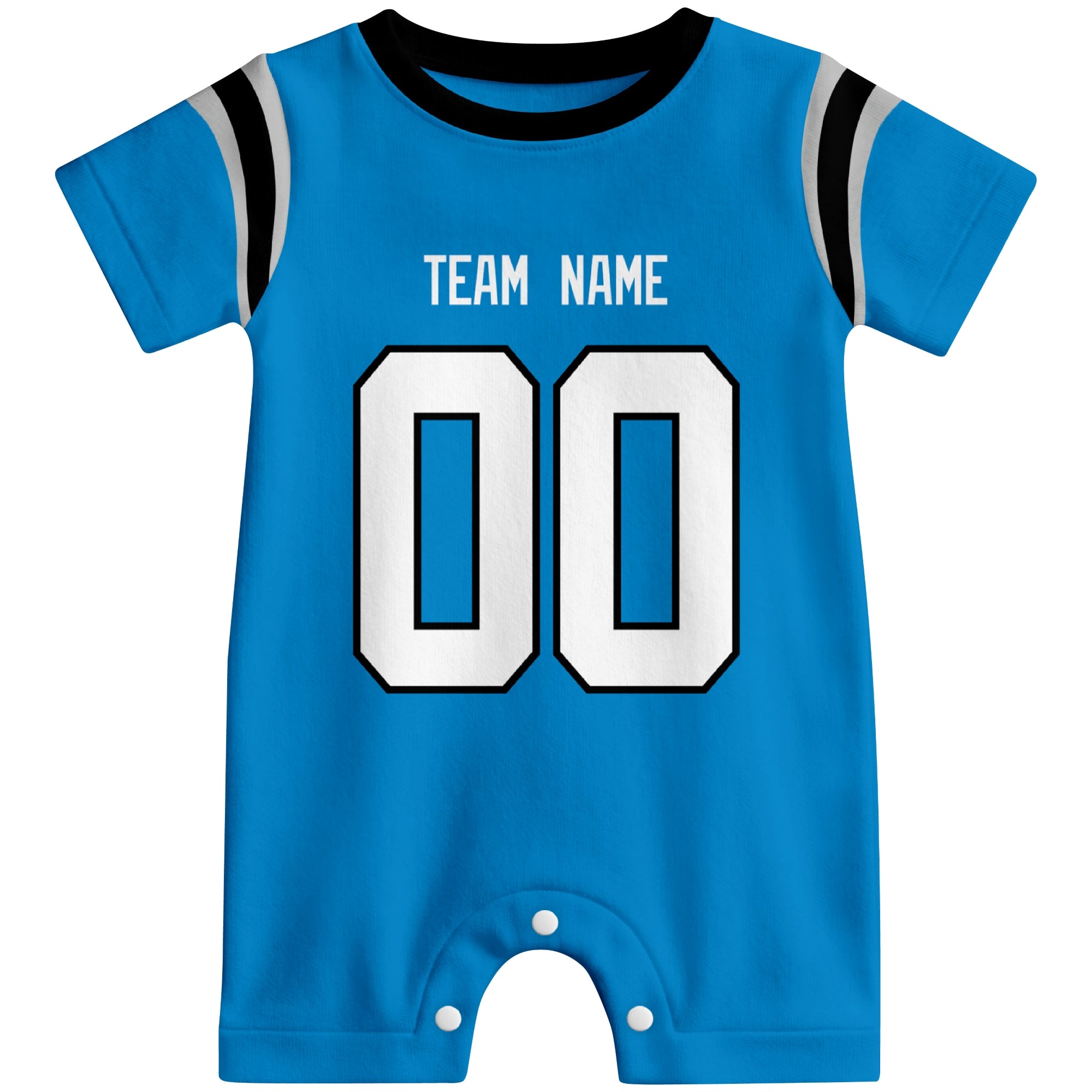 Front view of custom football-style baby onesie in Blue personalized with team name and number