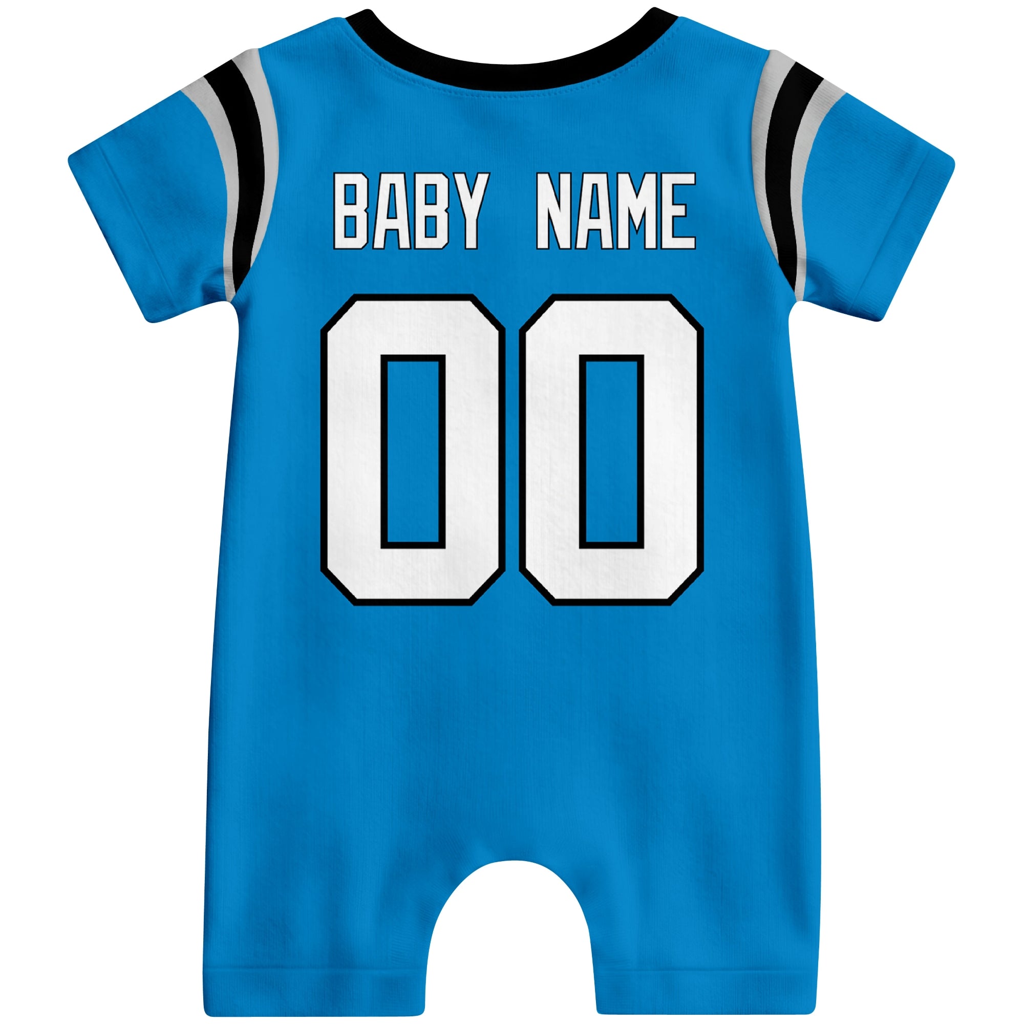 Back view of custom football-style baby onesie in Blue personalized with baby name and number