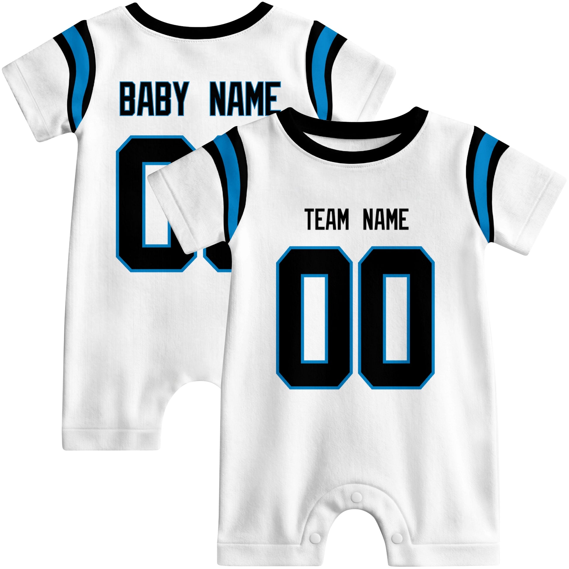 Front and back views of custom football-style baby onesie in White and Blue colors with personalized details