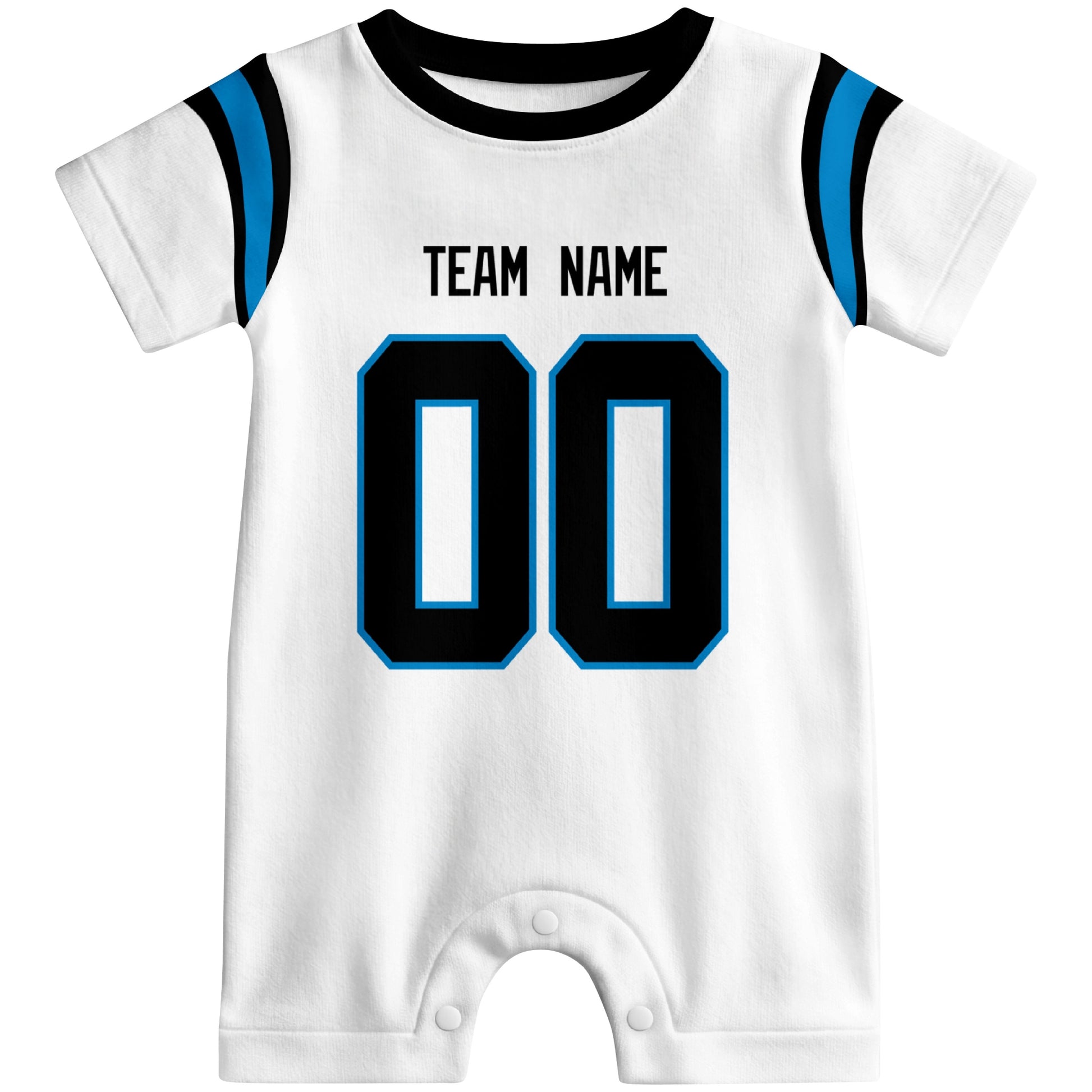 Front view of custom football-style baby onesie in White personalized with name and number