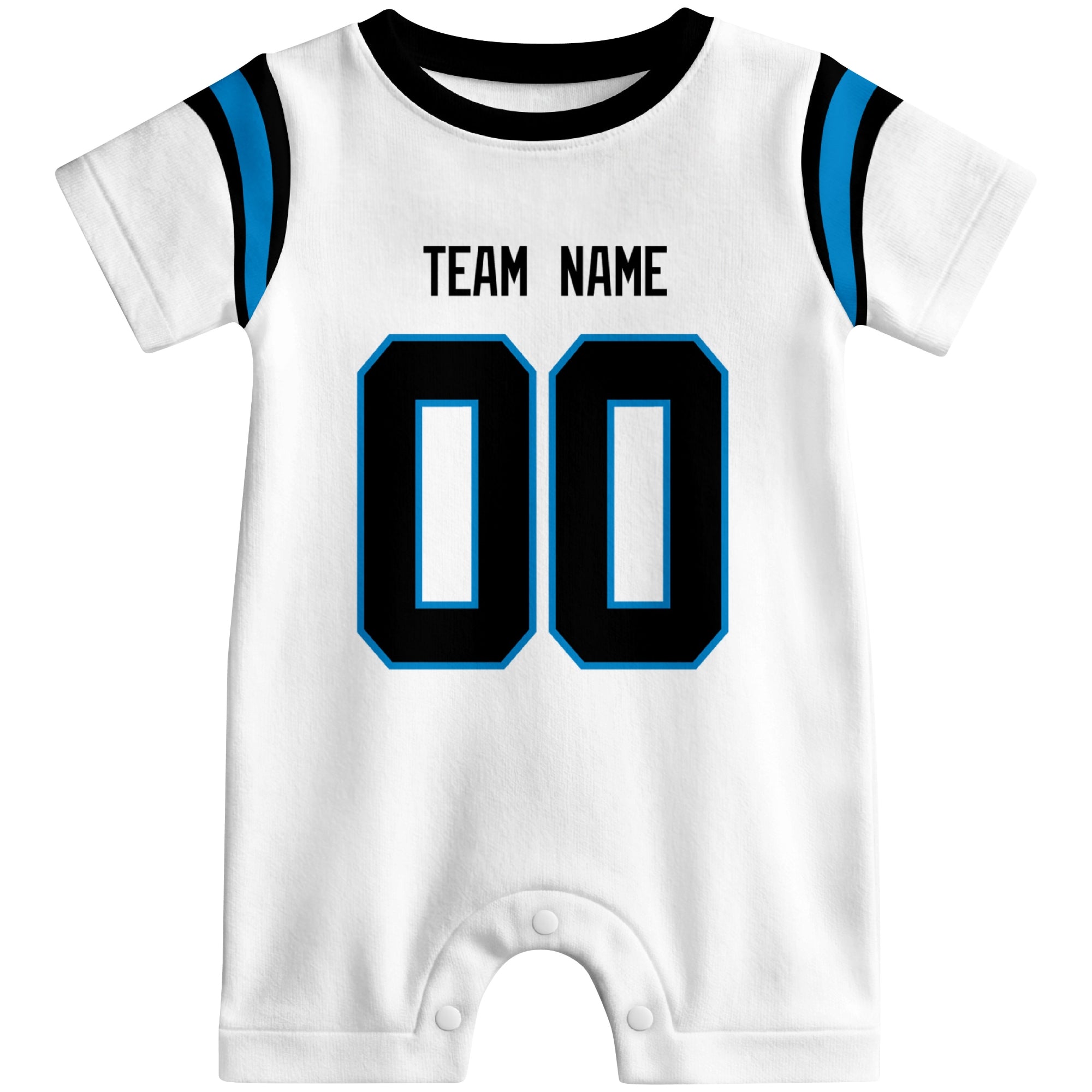 Front view of custom football-style baby onesie in White personalized with name and number