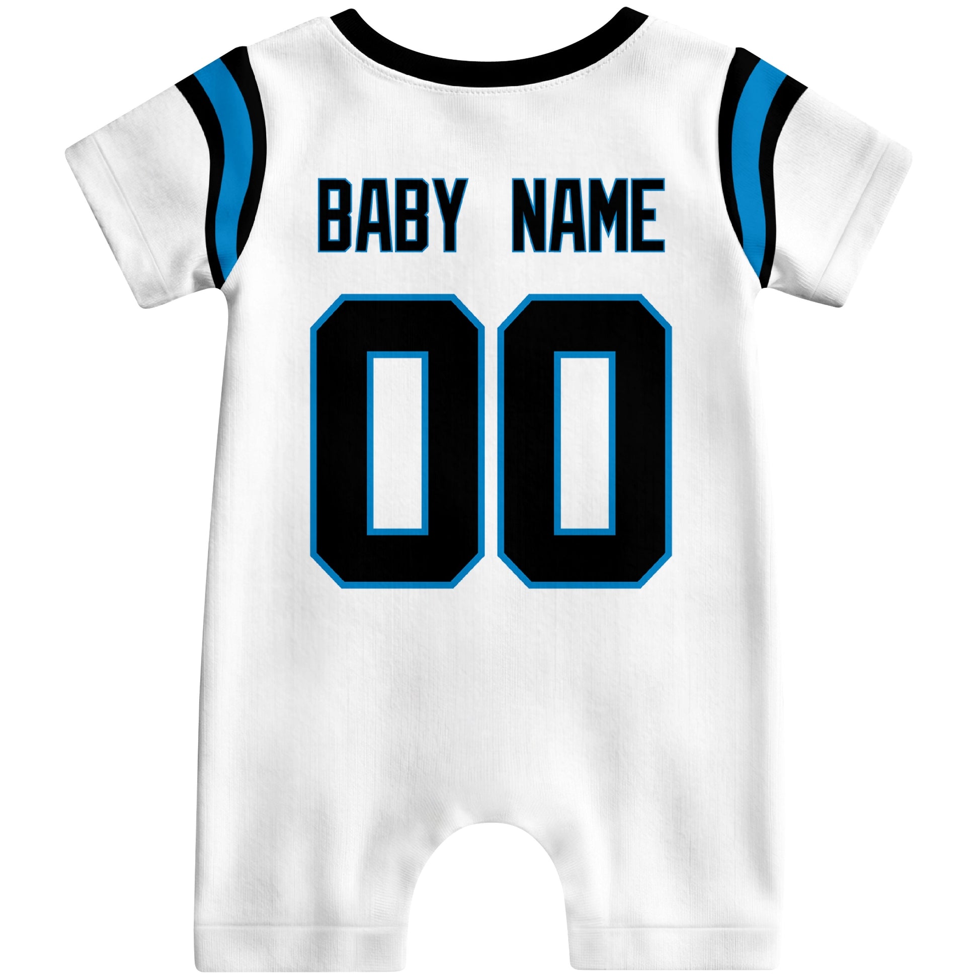 Back view of custom football-style baby onesie in White personalized with name and number