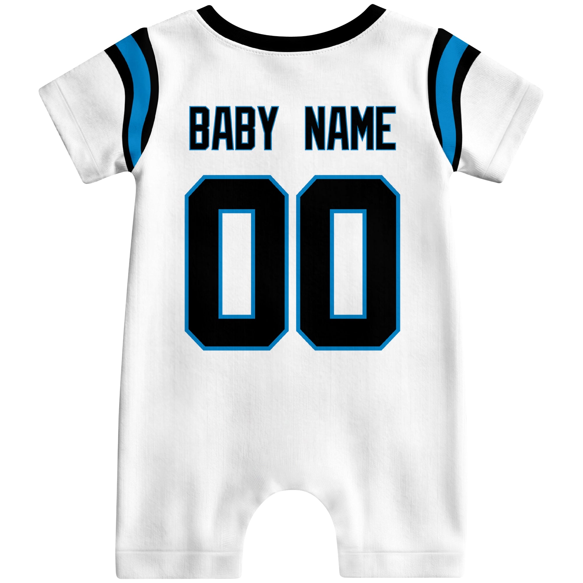 Back view of custom football-style baby onesie in White personalized with name and number