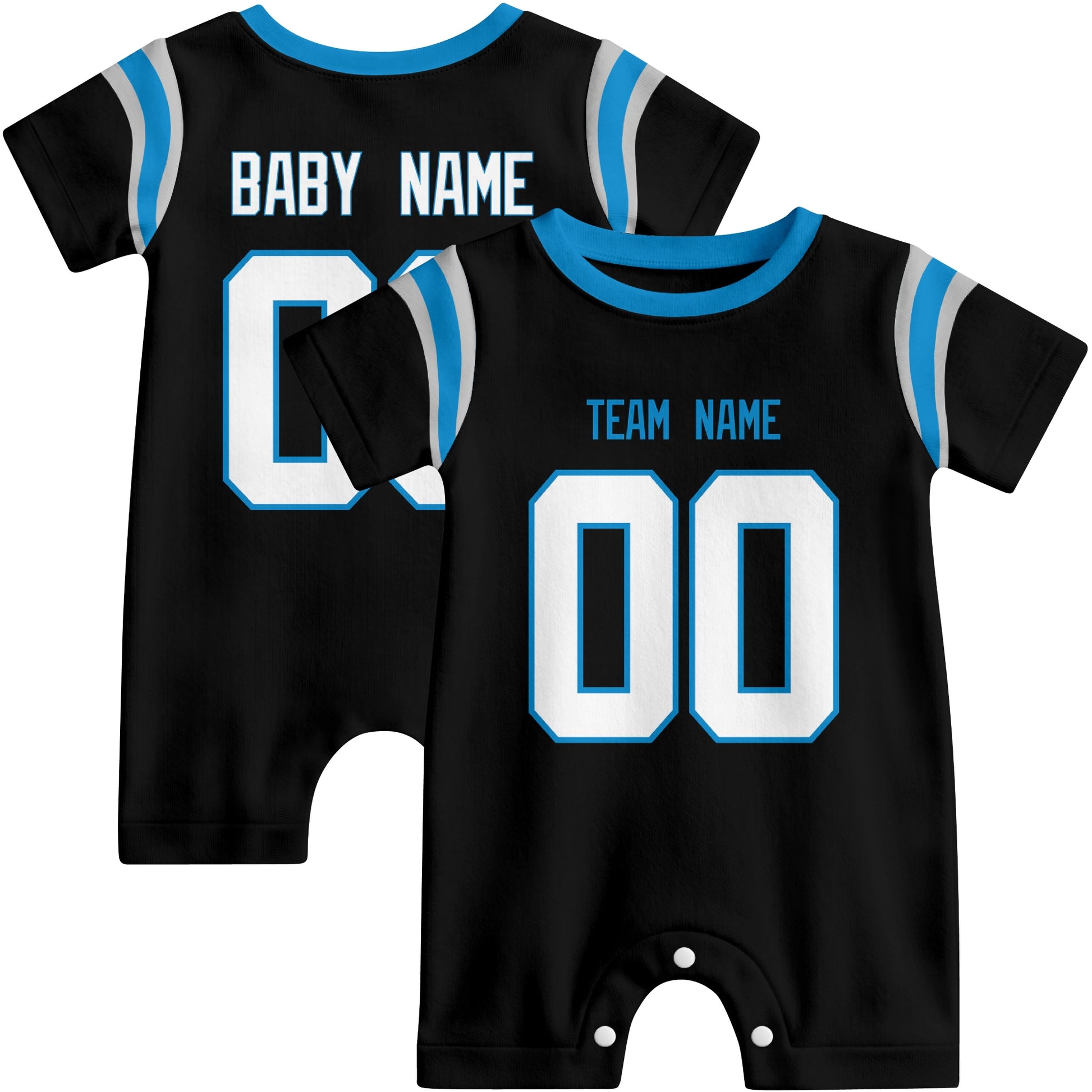Front and back views of custom football-style baby onesie in Black and Blue colors with personalized details