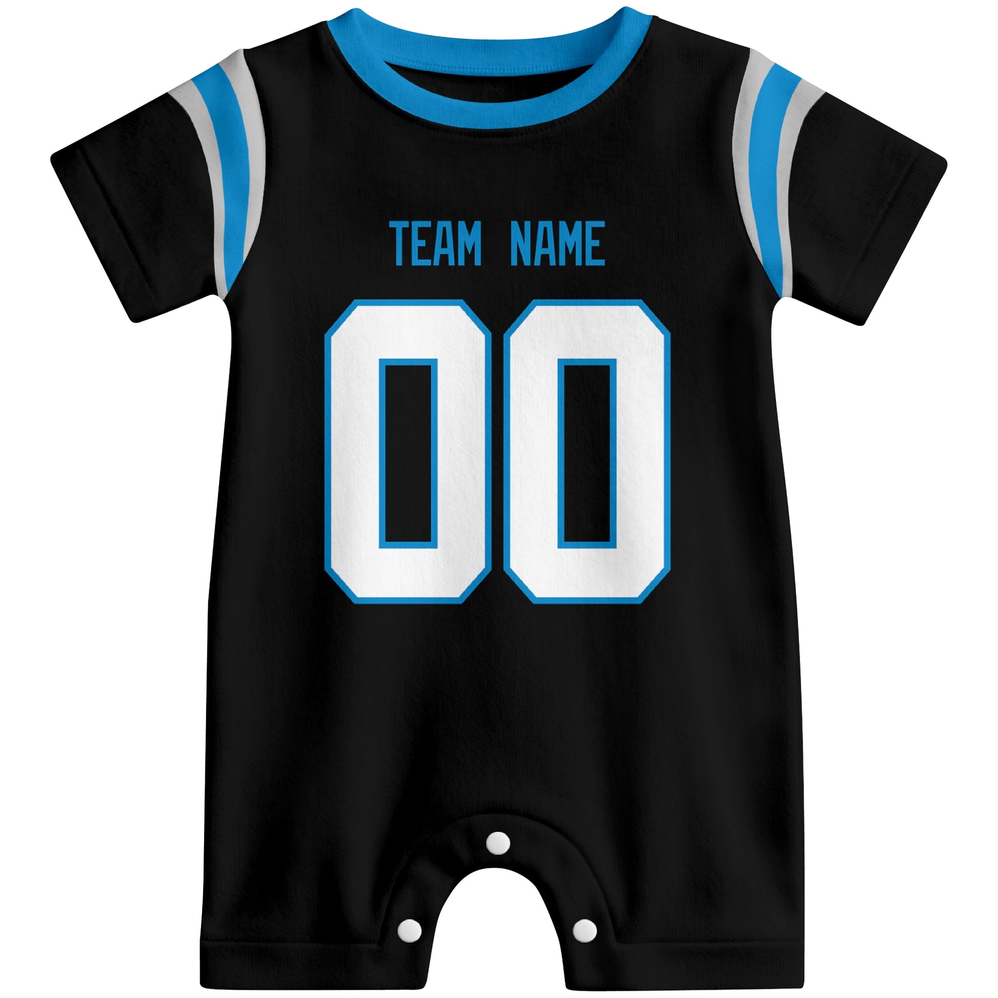 Front view of custom football-style baby onesie in Black personalized with name and number