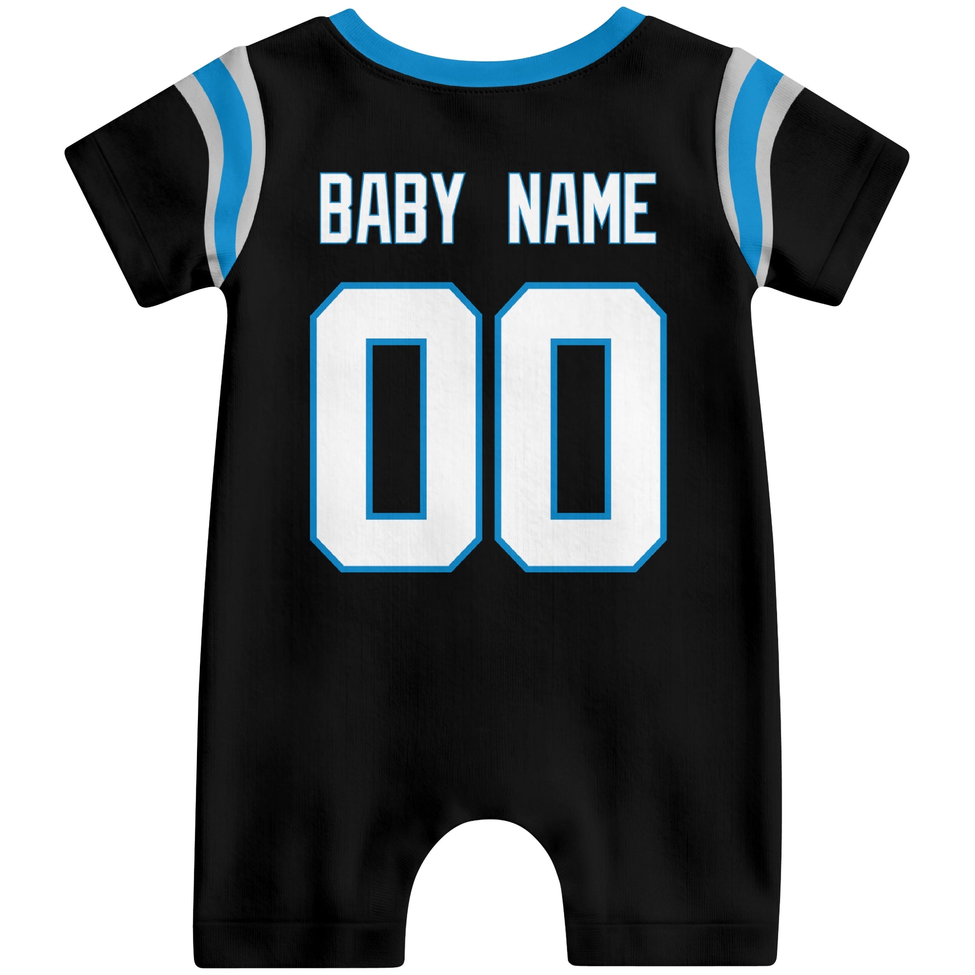 Back view of custom football-style baby onesie in Black personalized with name and number