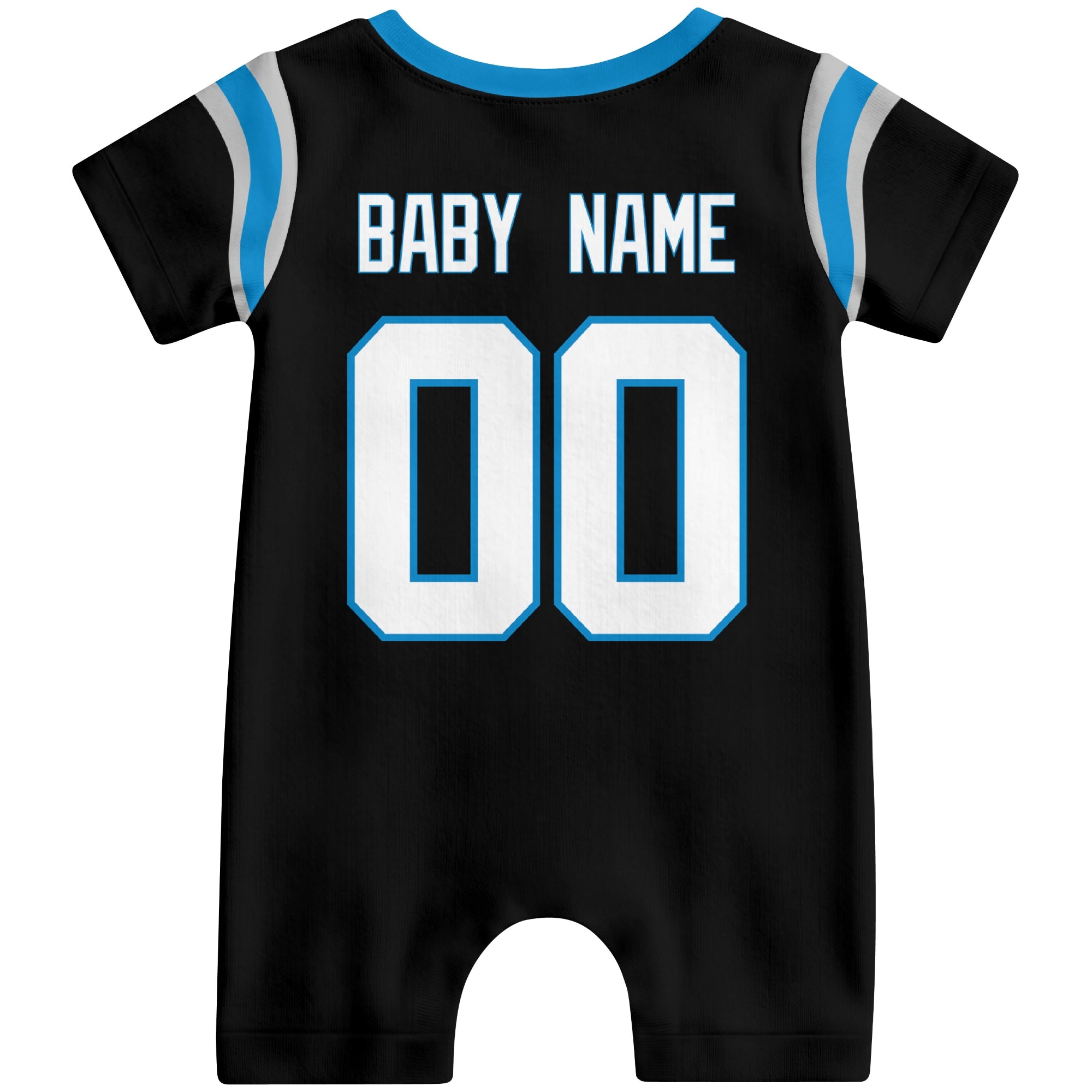 Back view of custom football-style baby onesie in Black personalized with name and number