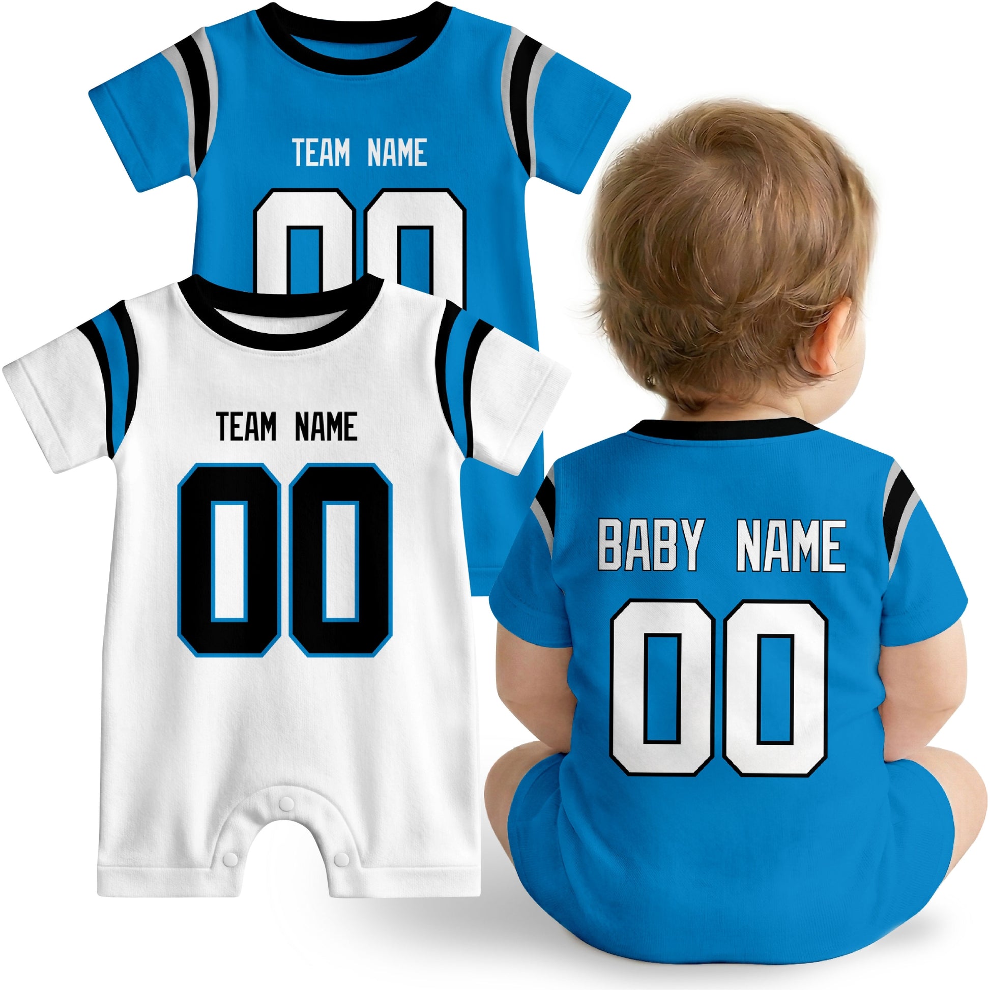 Baby wearing custom football-style onesie in Blue, White, and Black with personalized name and number
