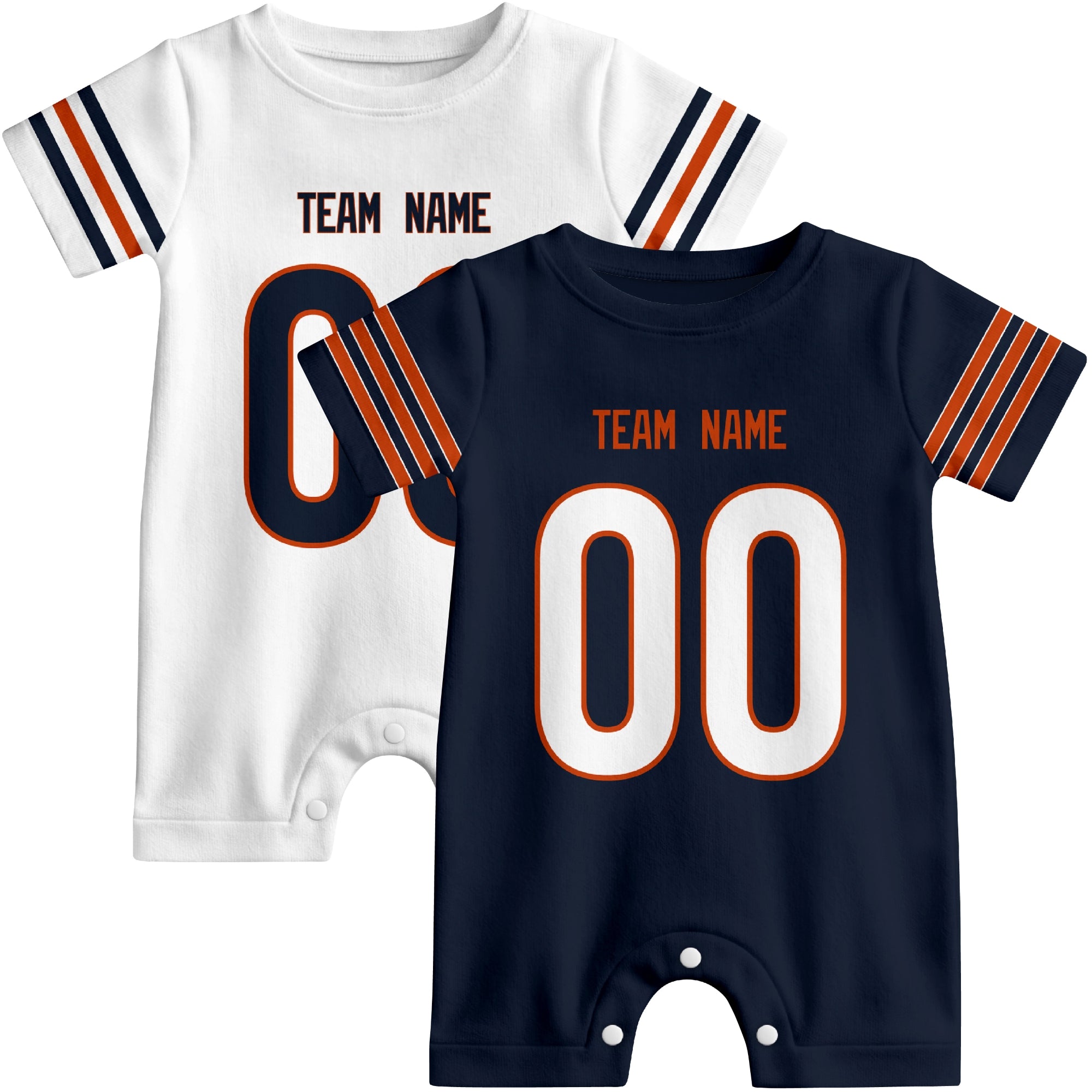 Custom football-style baby onesie color options in Navy and White