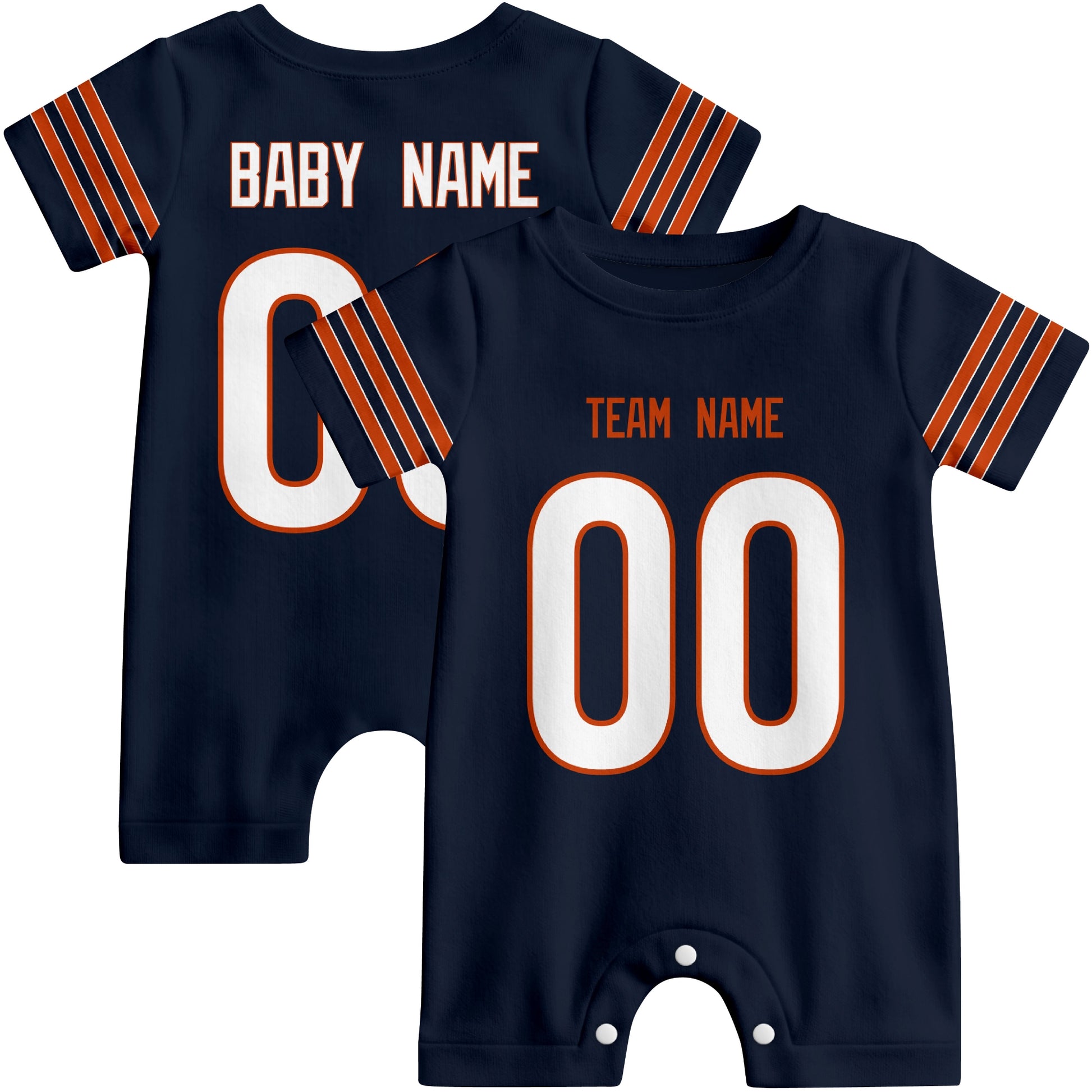 Front and back views of custom football-style baby onesie in Navy and White colors with personalized details