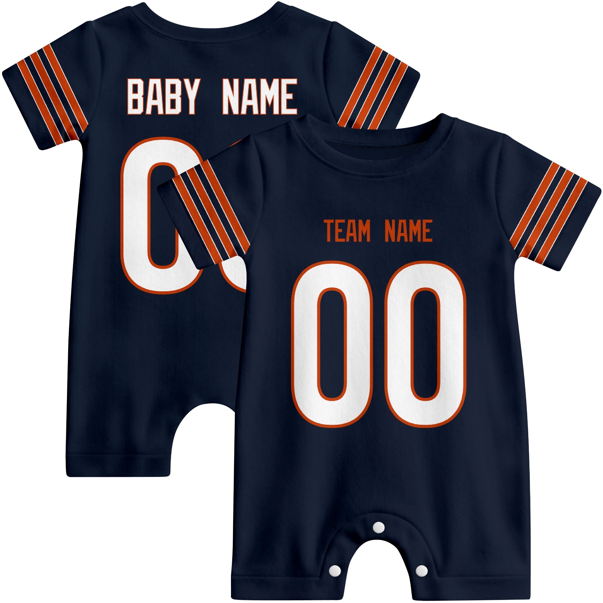 Front and back views of custom football-style baby onesie in Navy and White colors with personalized details