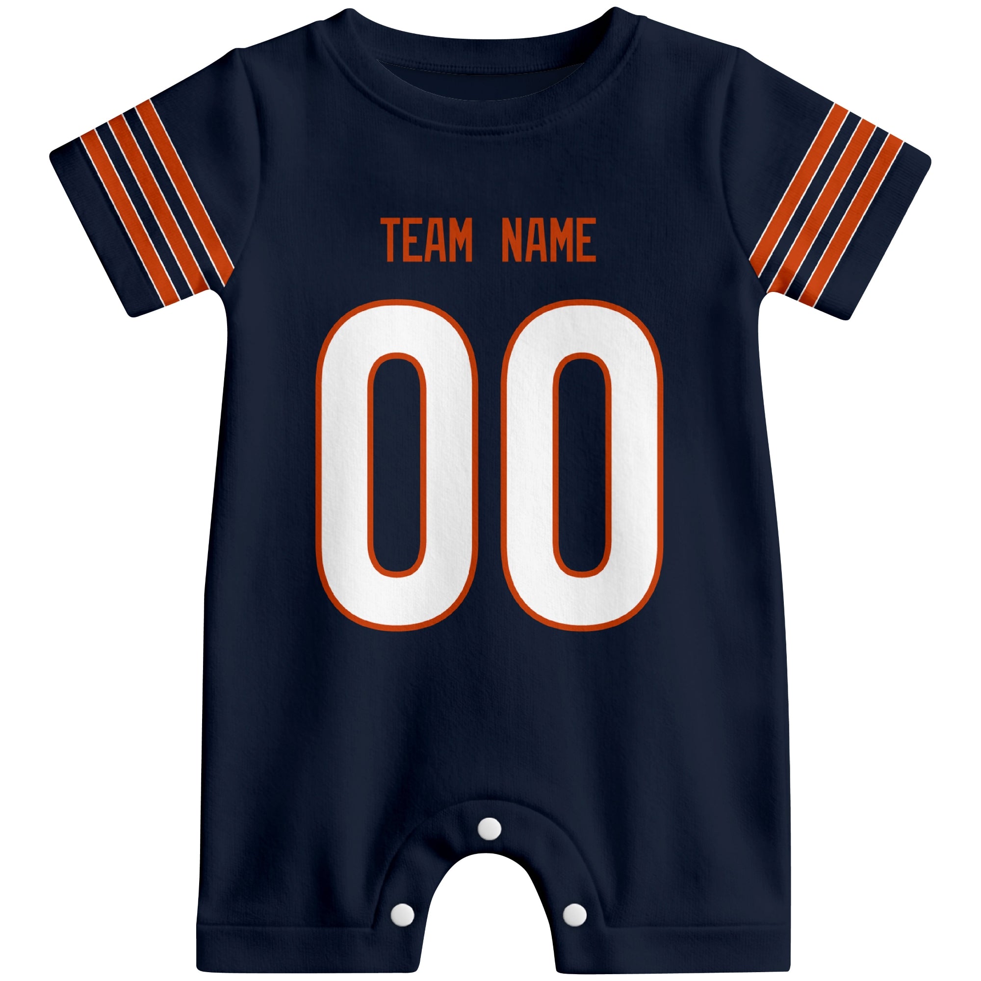 Front view of custom football-style baby onesie in Navy personalized with team name and number