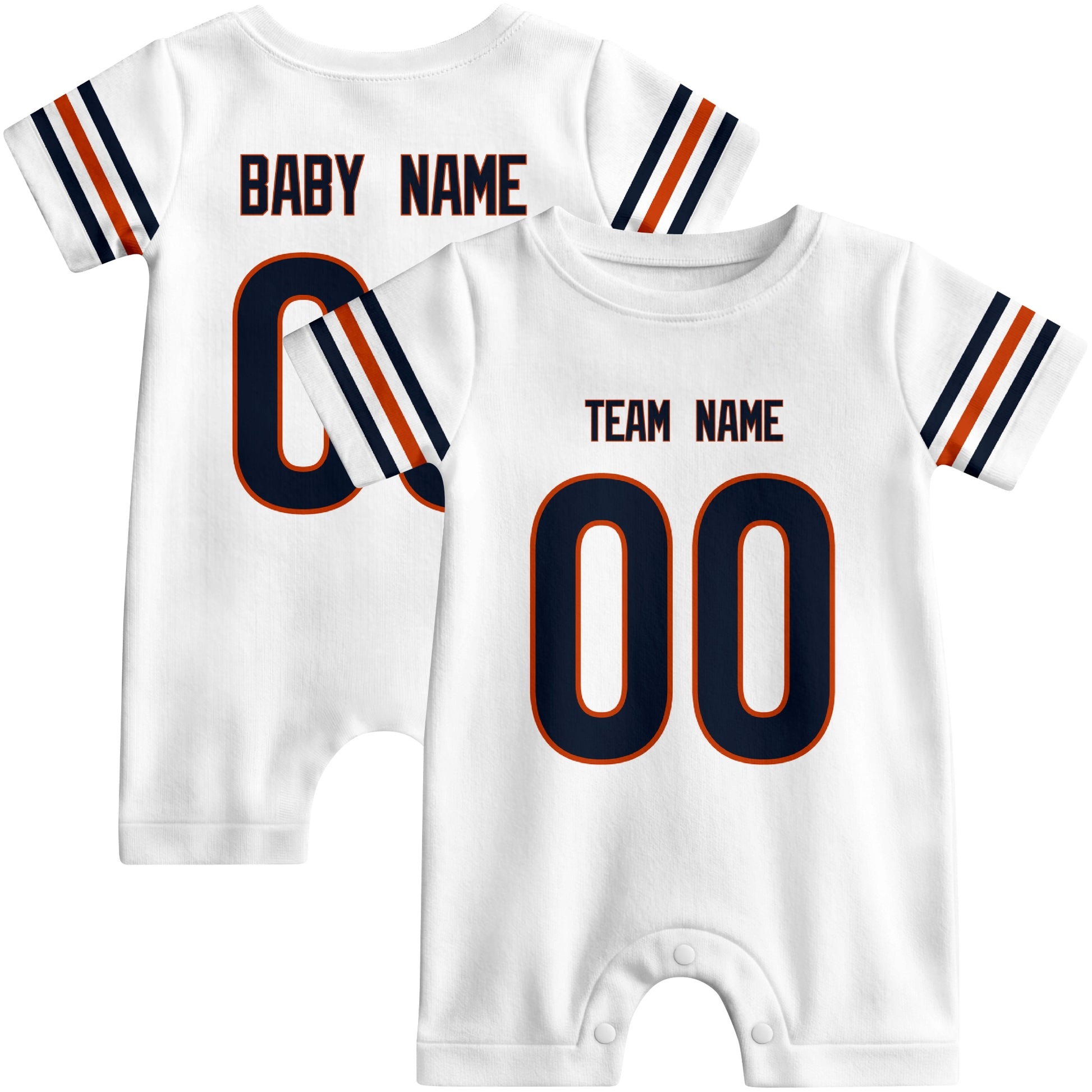Front and back views of custom football-style baby onesie in White and Navy colors with personalized details