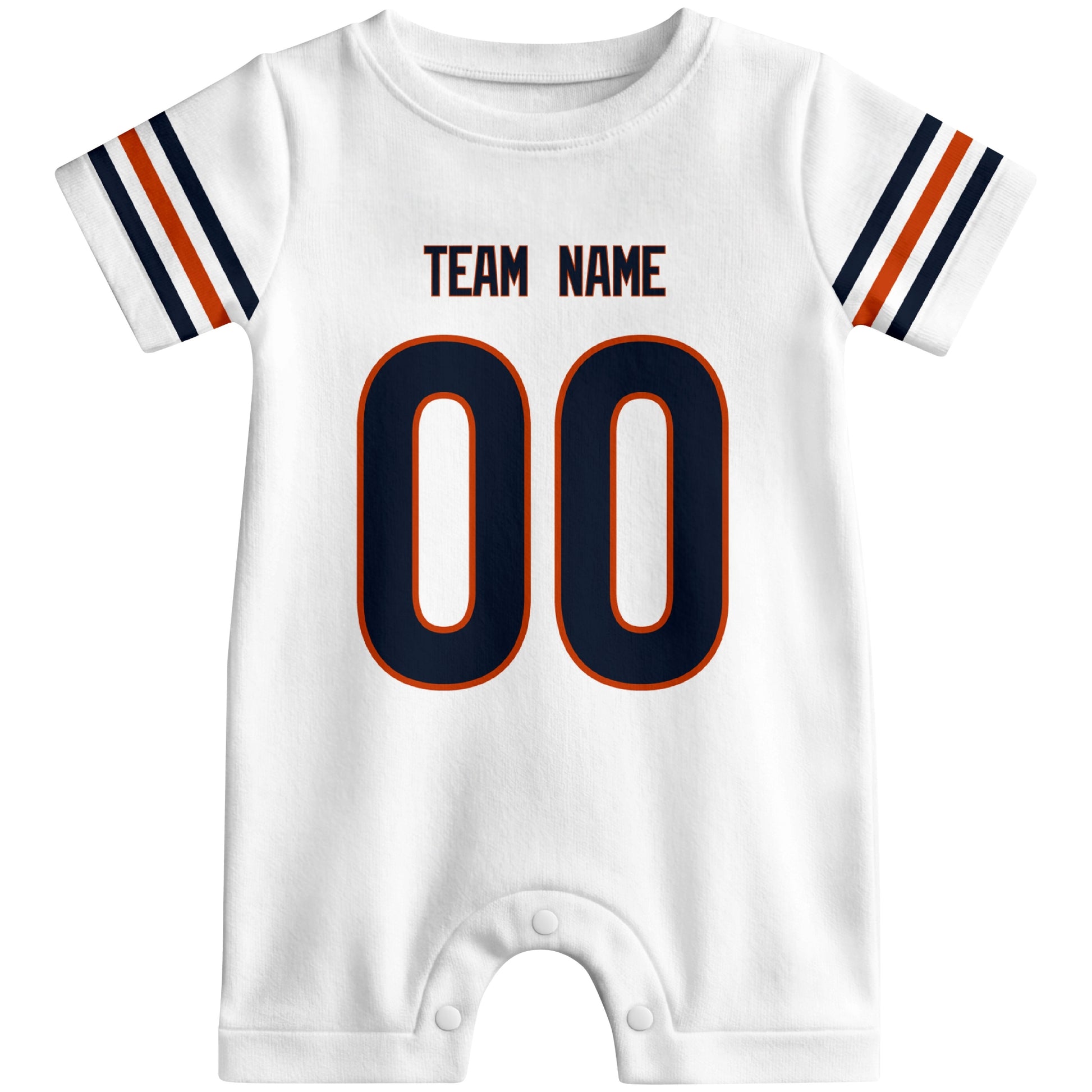 Front view of custom football-style baby onesie in White personalized with name and number