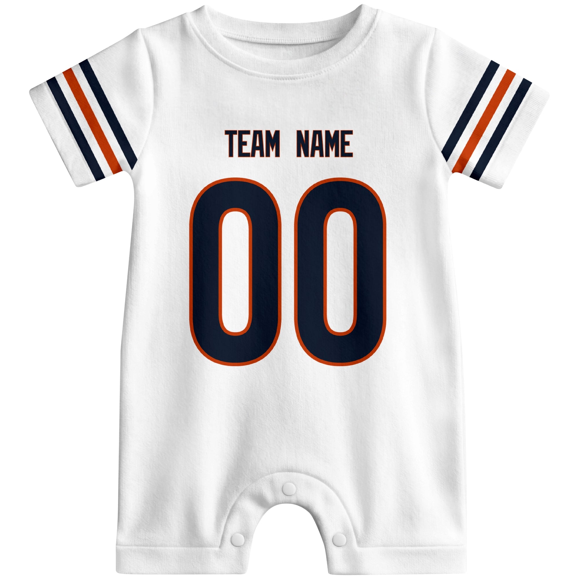 Front view of custom football-style baby onesie in White personalized with name and number