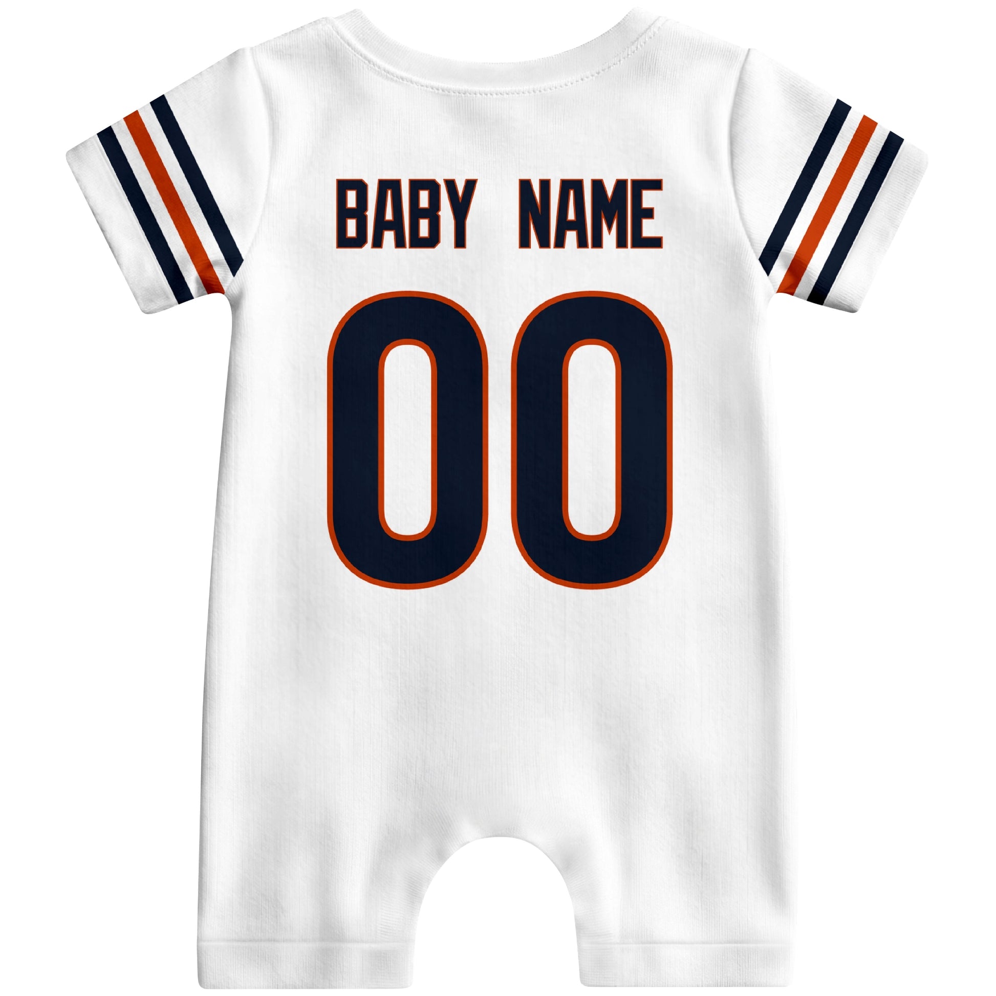 Back view of custom football-style baby onesie in White personalized with name and number