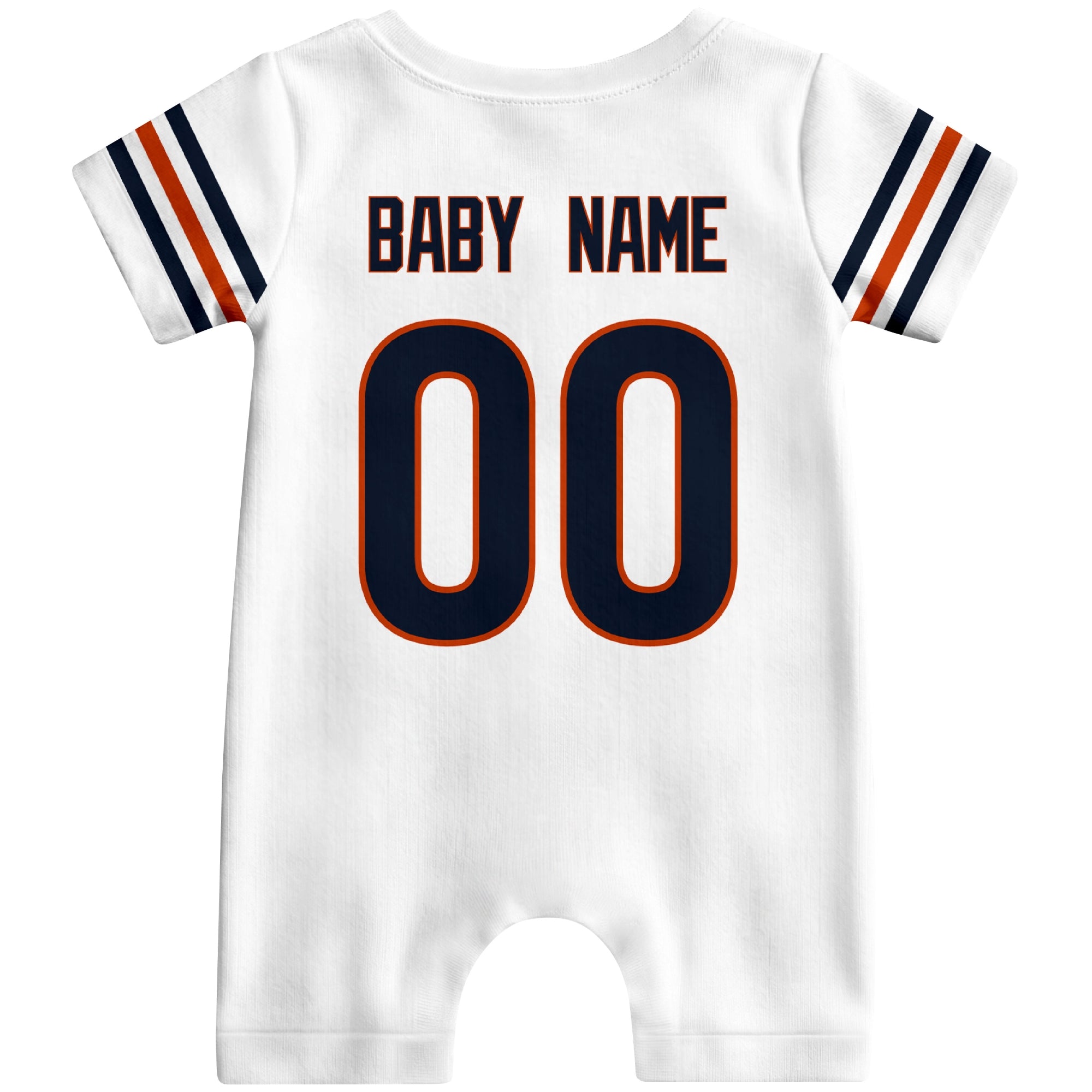 Back view of custom football-style baby onesie in White personalized with name and number