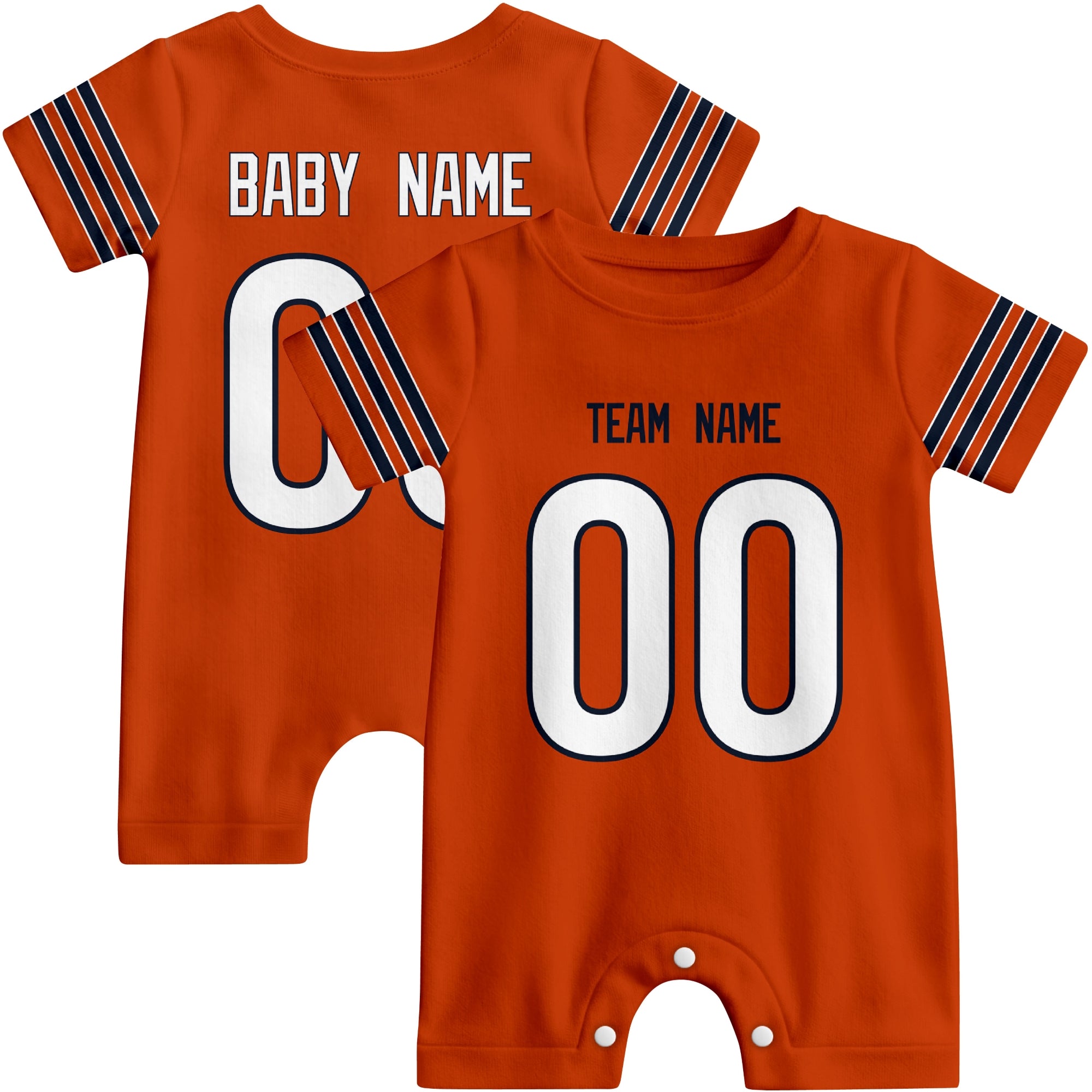 Front and back views of custom football-style baby onesie in Orange and Navy colors with personalized details
