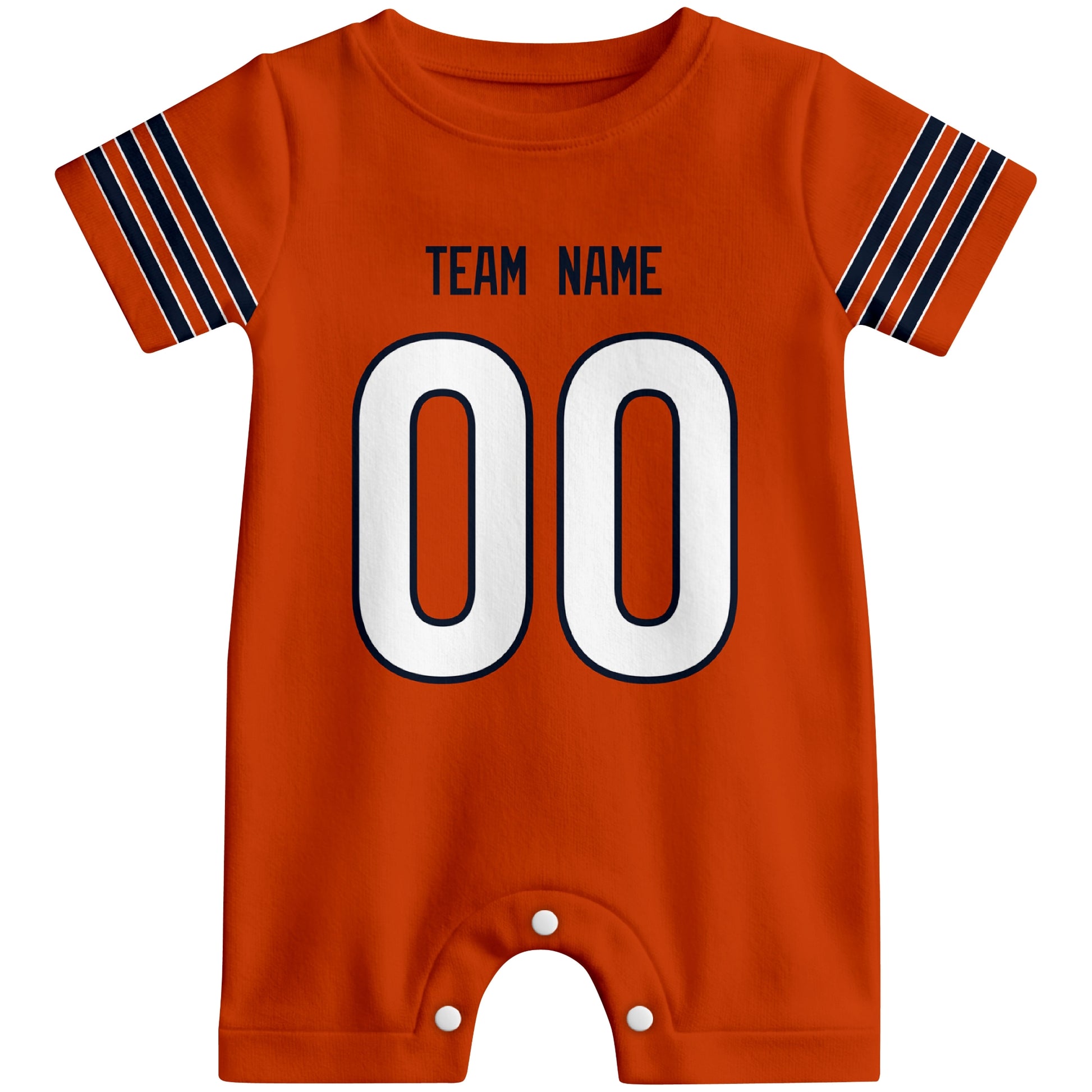 Front view of custom football-style baby onesie in Orange personalized with name and number