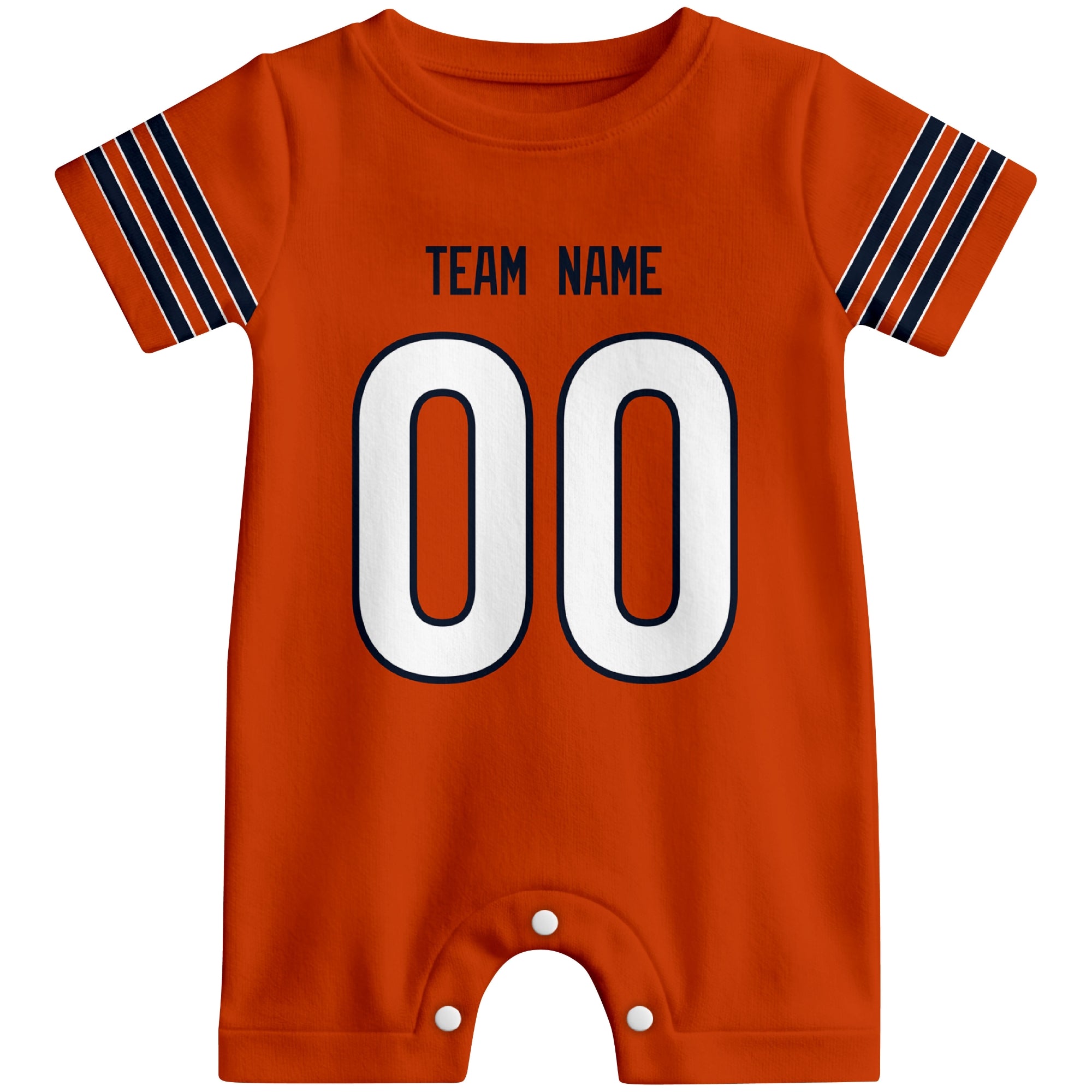 Front view of custom football-style baby onesie in Orange personalized with name and number