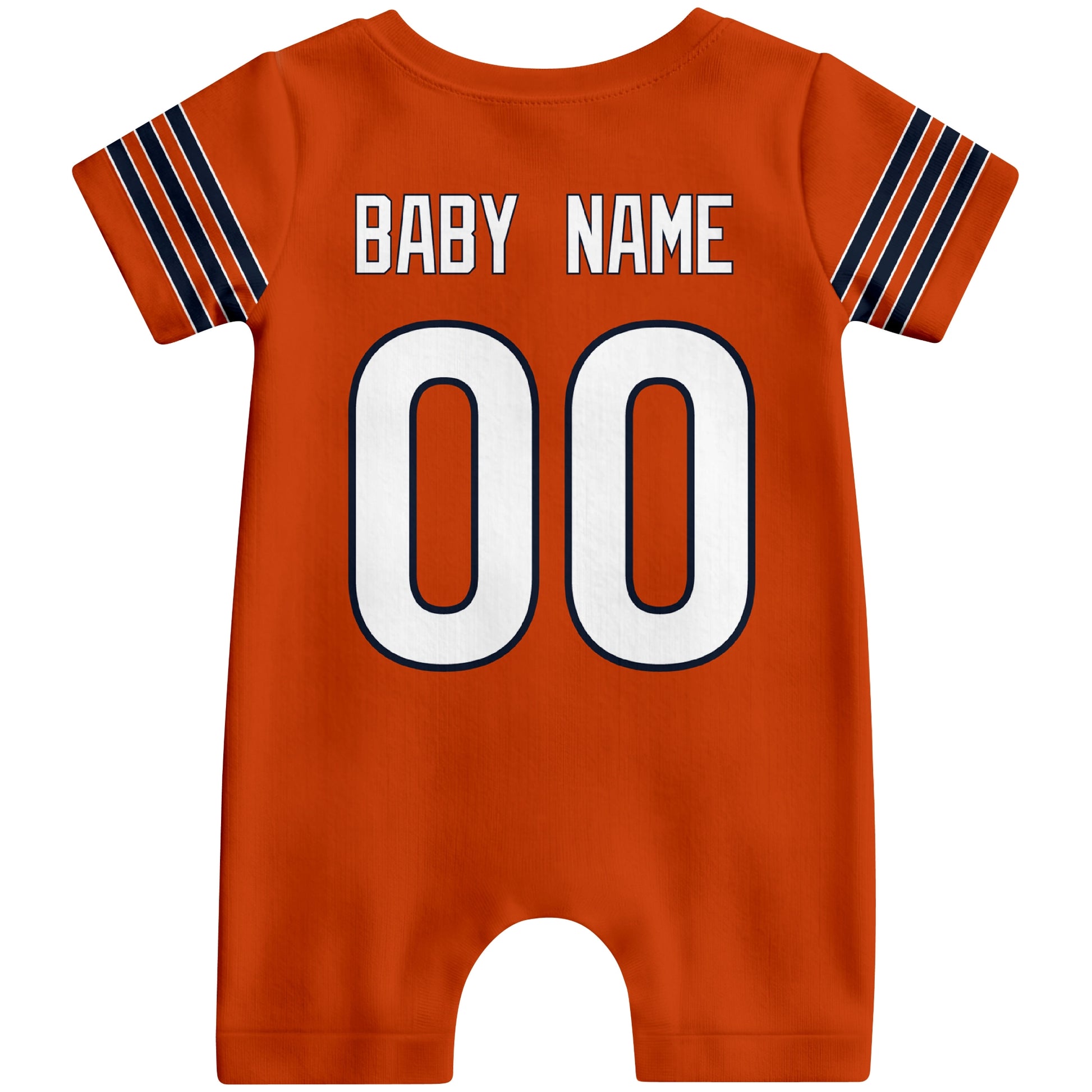Back view of custom football-style baby onesie in Orange personalized with name and number