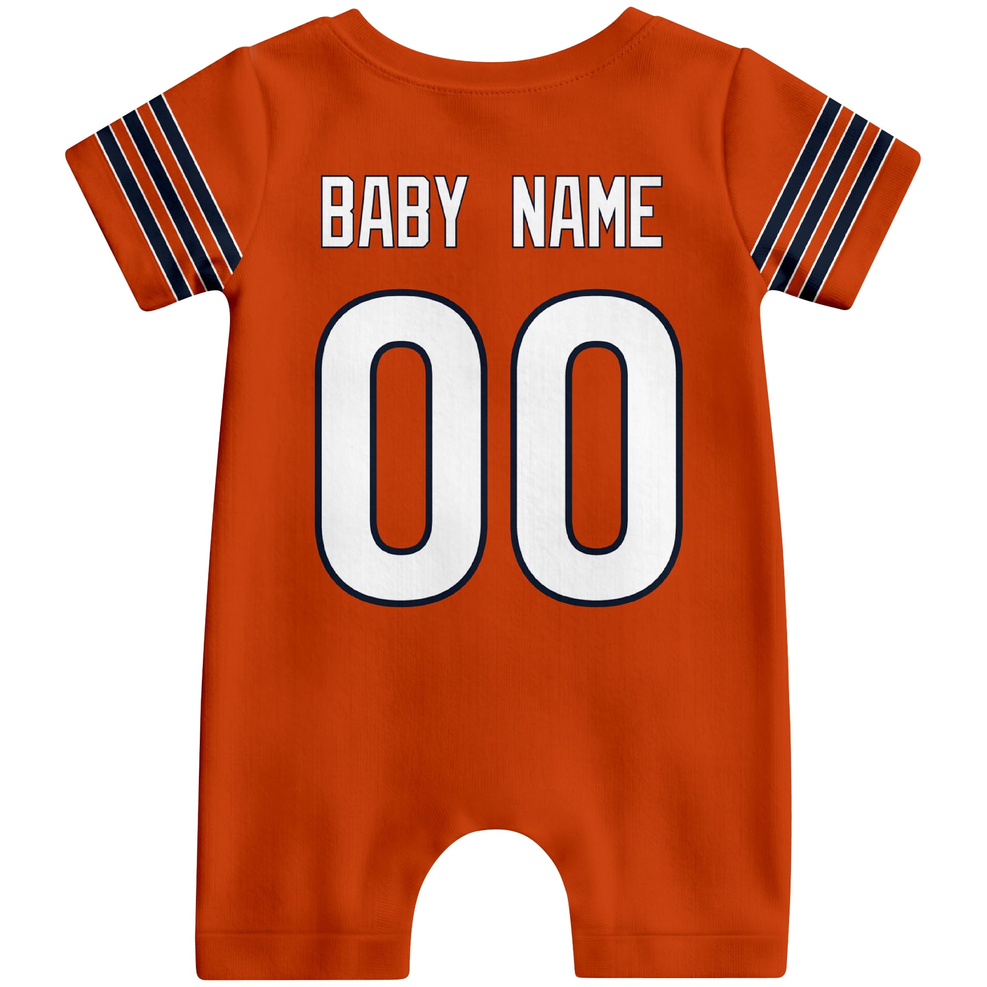 Back view of custom football-style baby onesie in Orange personalized with name and number