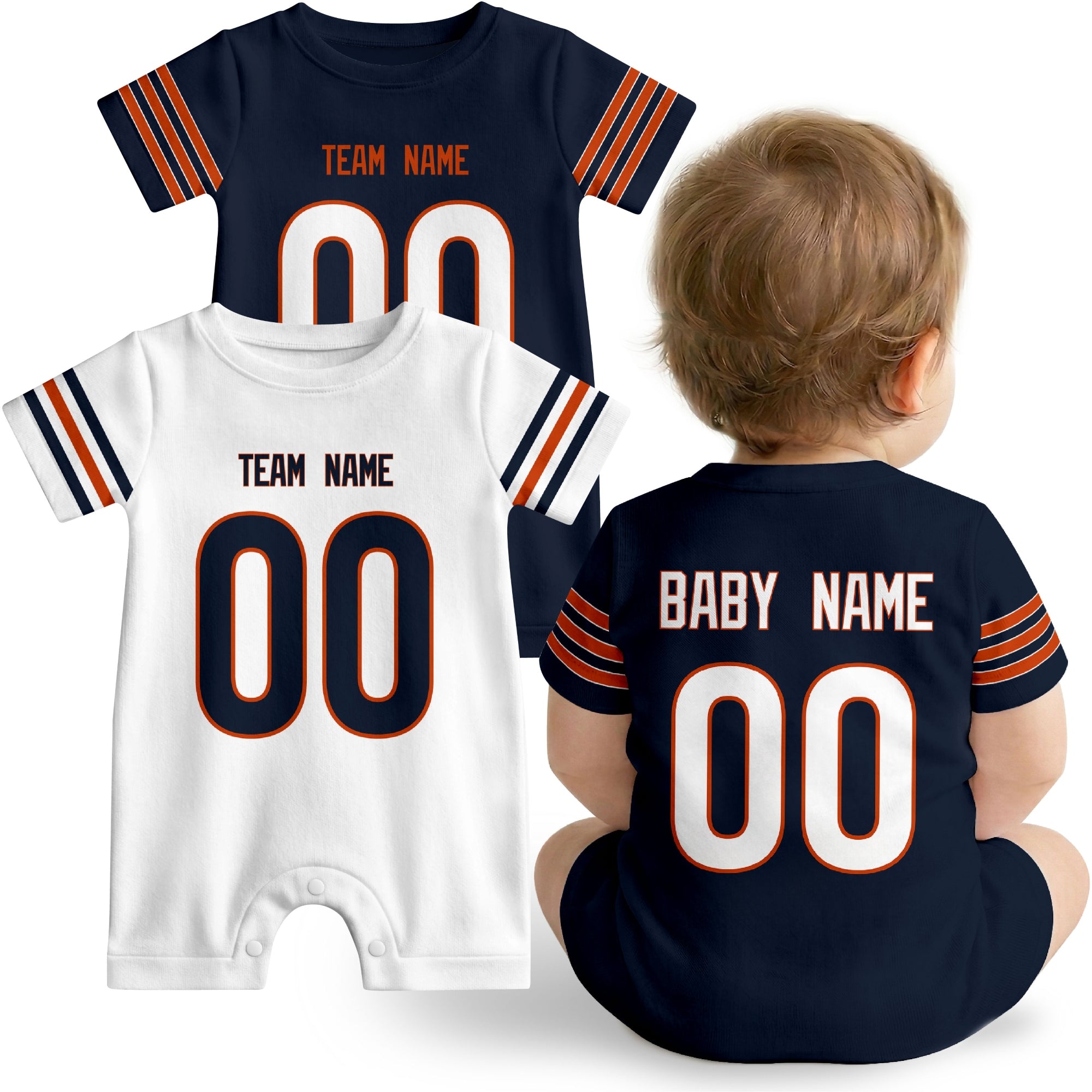 Baby wearing custom football-style onesie in Navy, White, and Orange with personalized name and number
