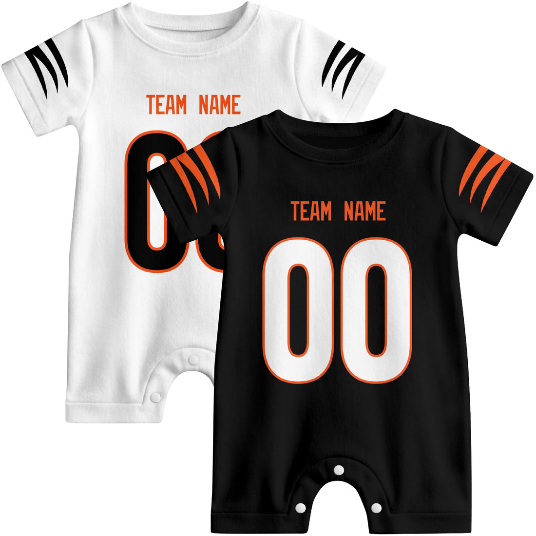 Baby wearing custom football-style onesie in Black, White, and Orange with personalized name and number