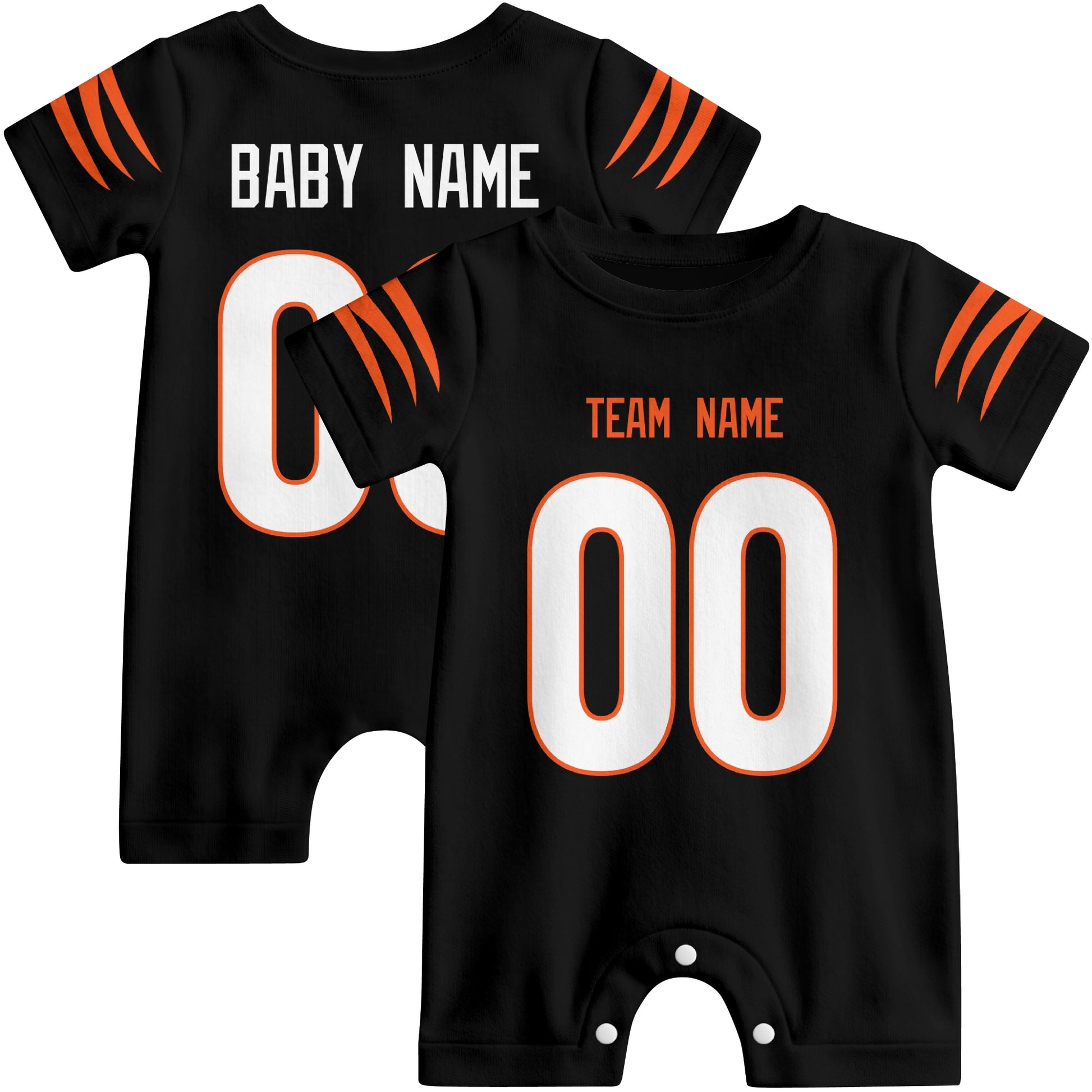 Front and back views of custom football-style baby onesie in Black and White colors with personalized details