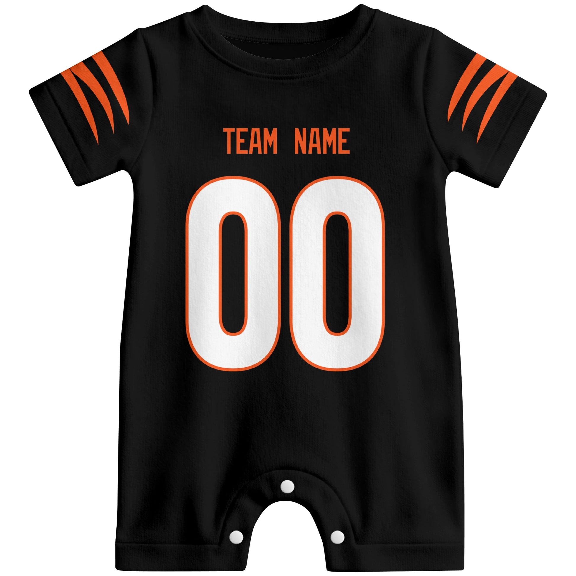 Front view of custom football-style baby onesie in Black personalized with team name and number