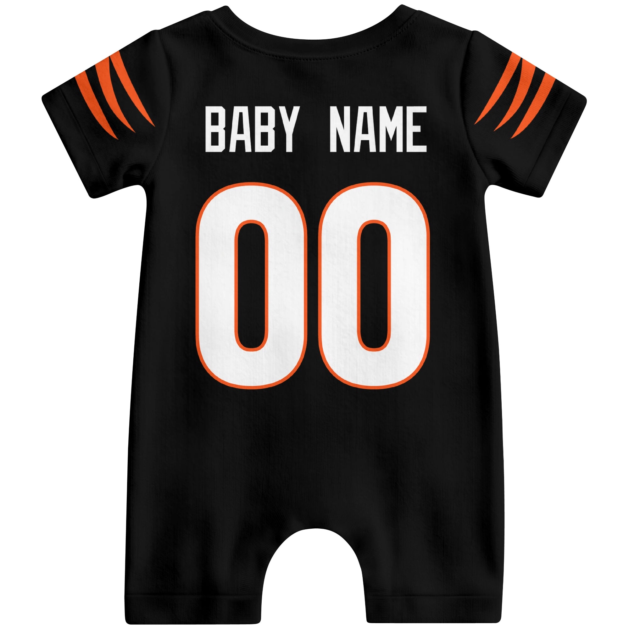 Back view of custom football-style baby onesie in Black personalized with baby name and number