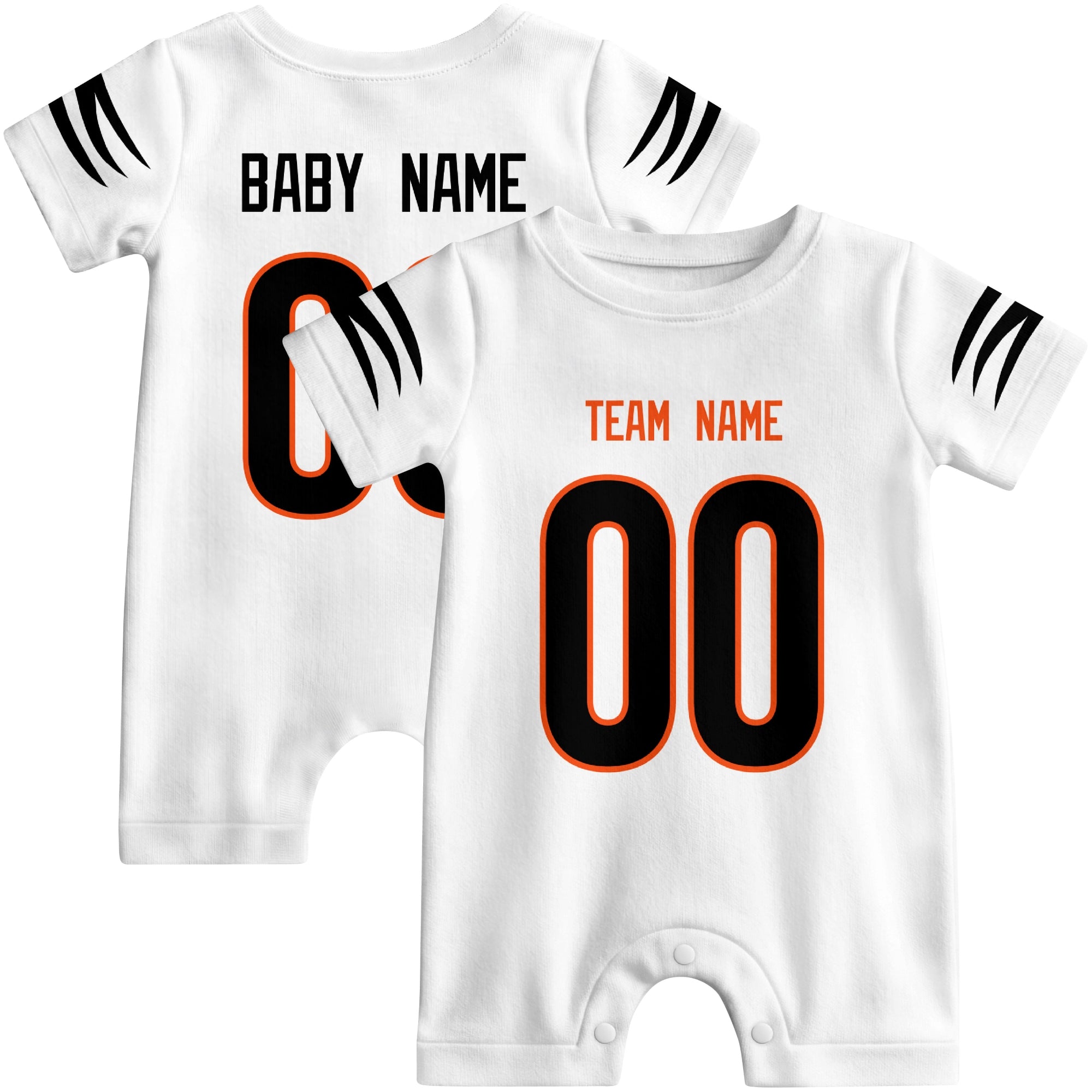 Front and back views of custom football-style baby onesie in White and Black colors with personalized details
